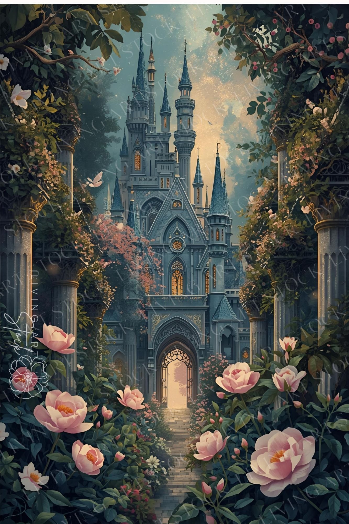 This vertical image depicts a majestic, fairytale castle viewed through a foreground of lush, blooming flowers and ornate, vine-covered columns. The castle, with its detailed gray stonework, numerous spires, and glowing windows, stands majestically agains