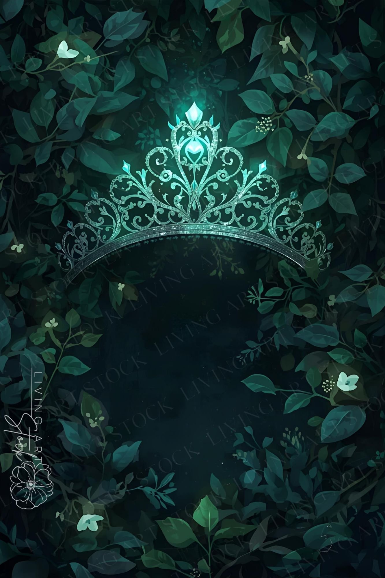 This stunning vertical image depicts a beautiful, ornate tiara emerging from a backdrop of lush, dark green foliage. The tiara itself is a work of fantasy, crafted from what appears to be silver or platinum, with intricate, swirling filigree and large, gl