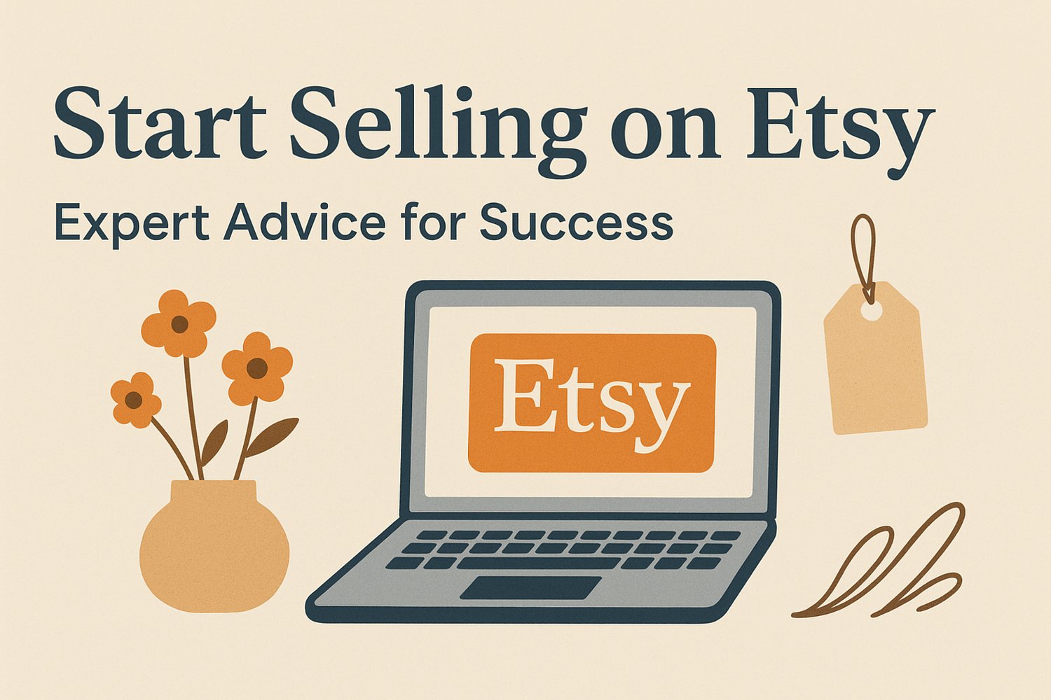 Start Selling on Etsy: Expert Advice for Success’ featuring a laptop displaying the Etsy logo, a vase with flowers, and a hanging tag on a beige background — representing online business, handmade products, and eCommerce tips.