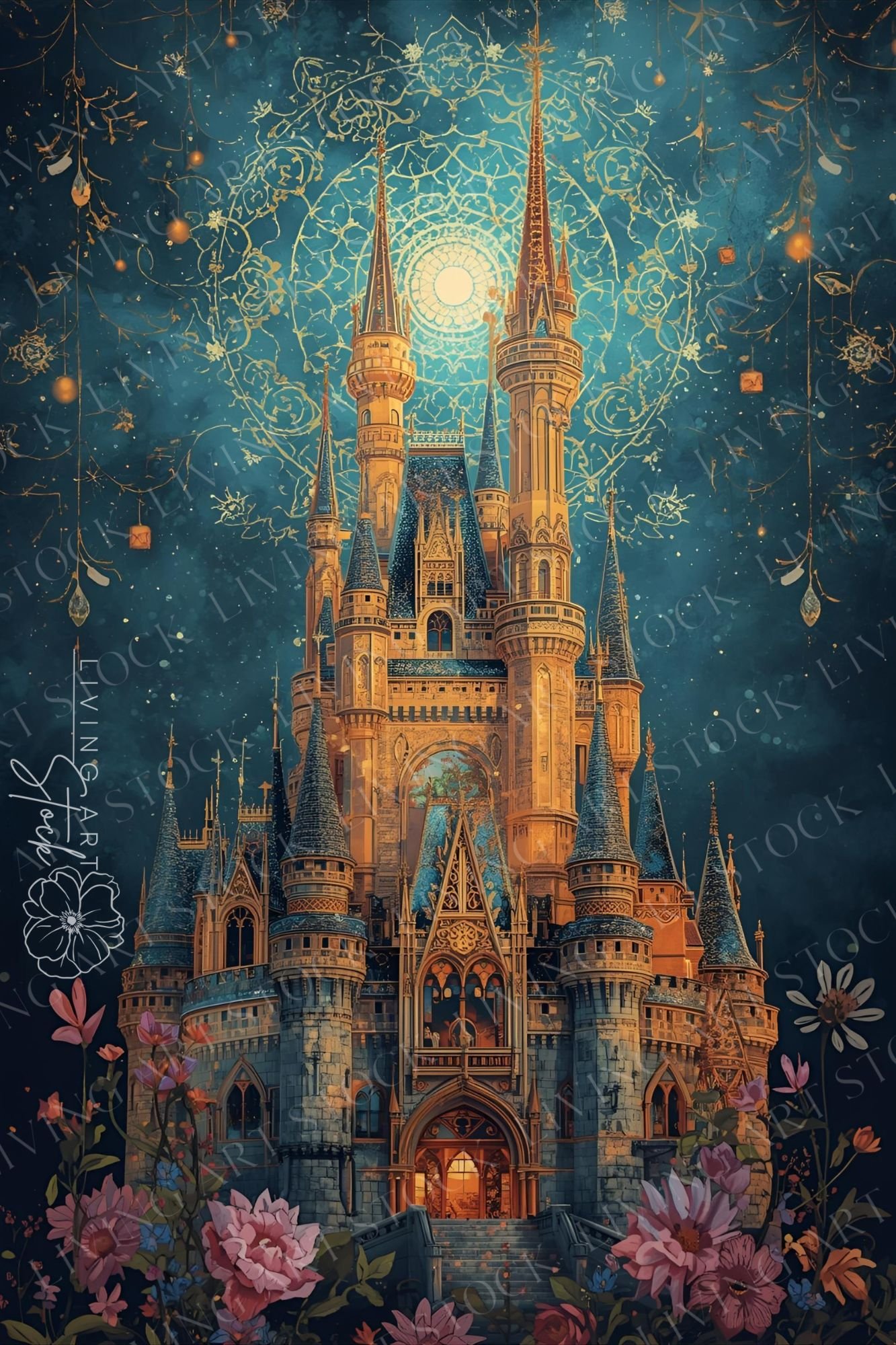 Dreamscape Castle with Floral Garden  This vibrant, vertical image depicts a majestic fantasy castle set against a magical, starry night sky. The castle, with its multiple spires and intricate stone details, is illuminated by a warm, golden light.