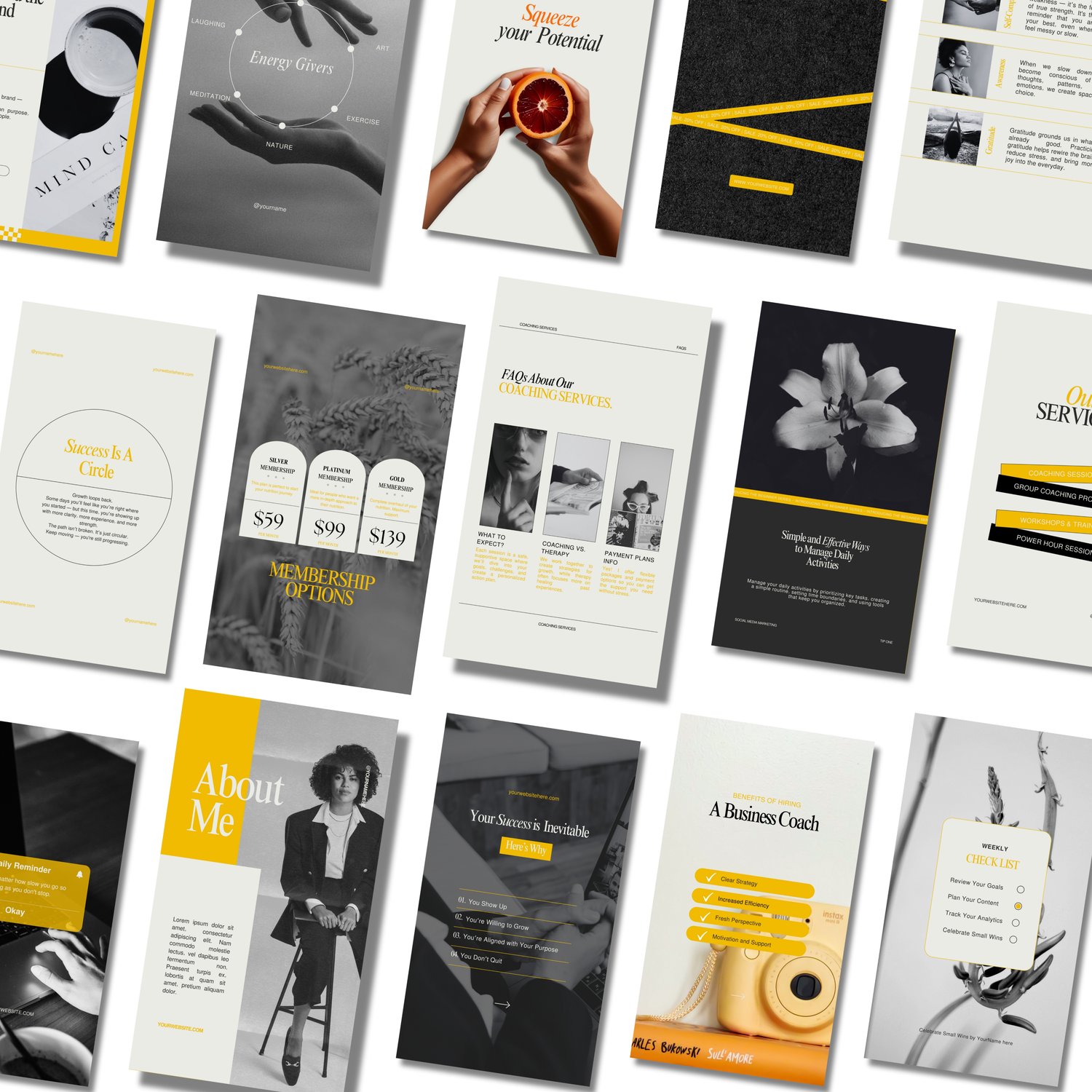 Instagram post and story templates in yellow and black – 120 Canva editable designs for entrepreneurs, coaches, and content creators. Perfect for creating professional, cohesive, and scroll-stopping social media content.