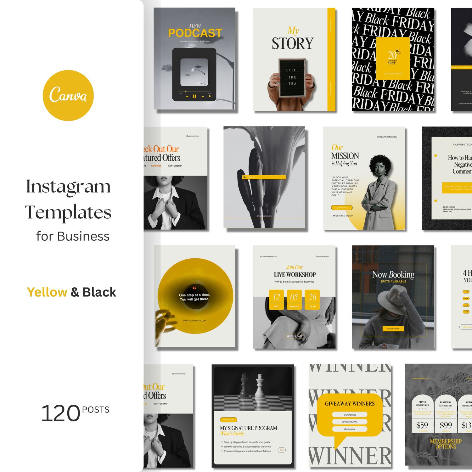Editable Canva Instagram templates in bold yellow and black. Includes 120 modern designs for posts, Reels covers, and stories. Ideal for coaches, wellness brands, small business owners, and social media managers wanting to elevate their branding.