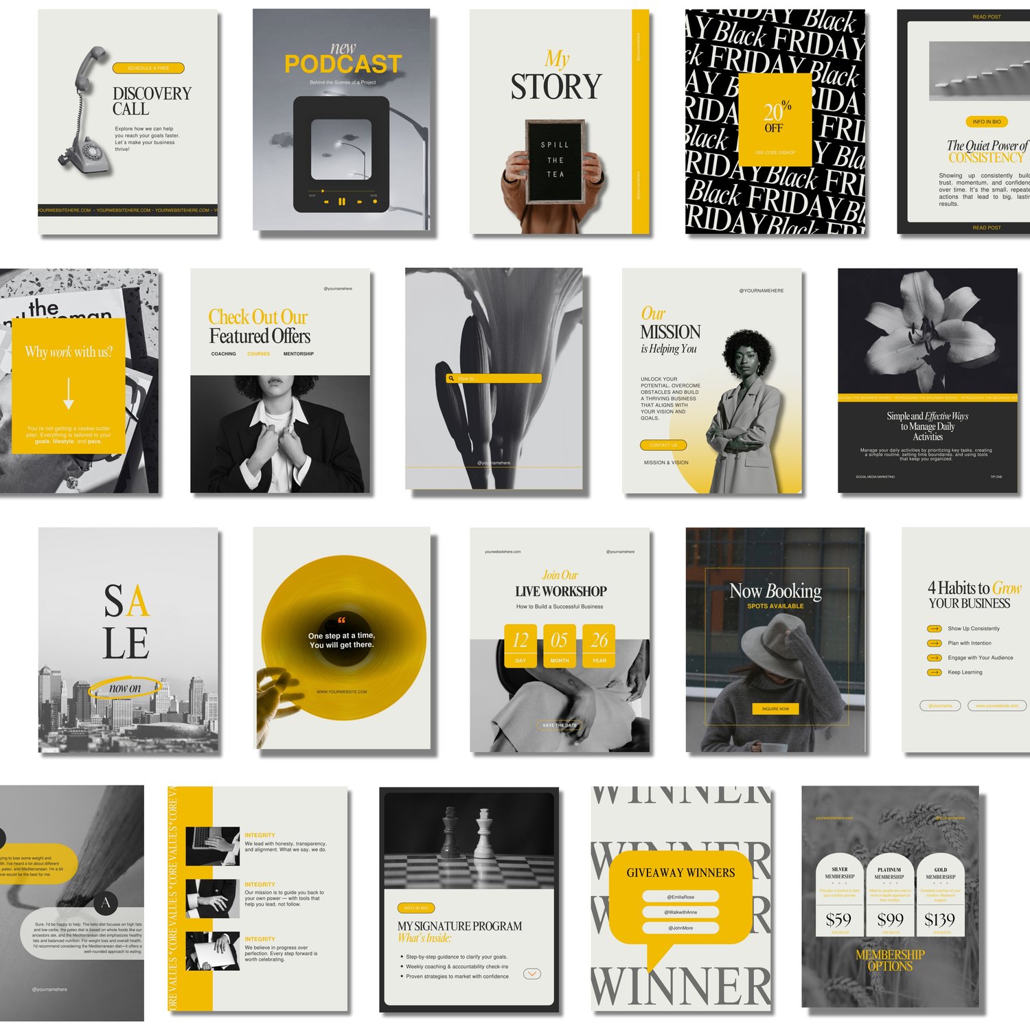 Bold yellow and black Instagram templates for Canva – 120 editable post and story designs. Perfect for entrepreneurs, wellness coaches, and small businesses who want stylish branding and consistent social media marketing.