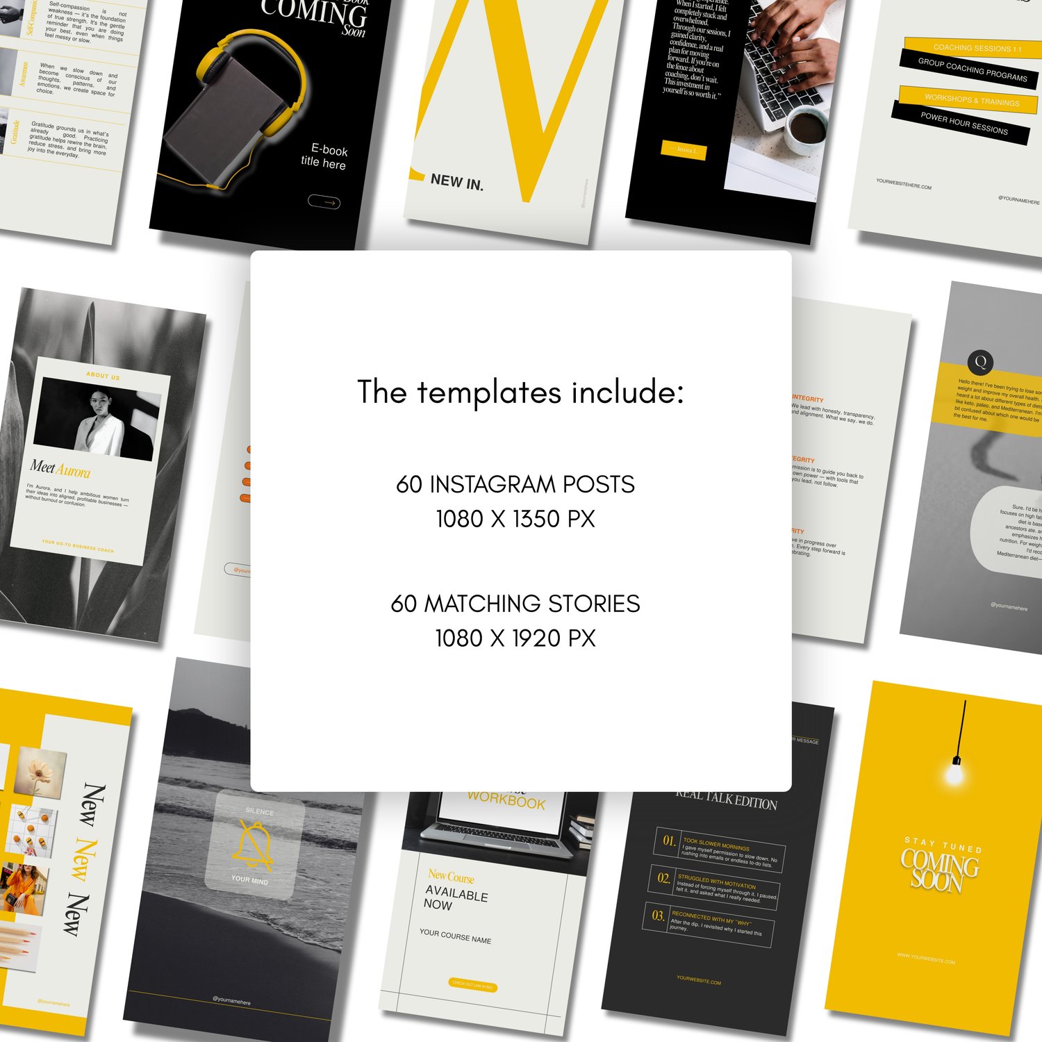 Instagram Canva templates in yellow and black – 120 designs for posts, Reels covers, and stories. Ideal for coaches, small businesses, and entrepreneurs who want to grow their brand with bold, modern templates.