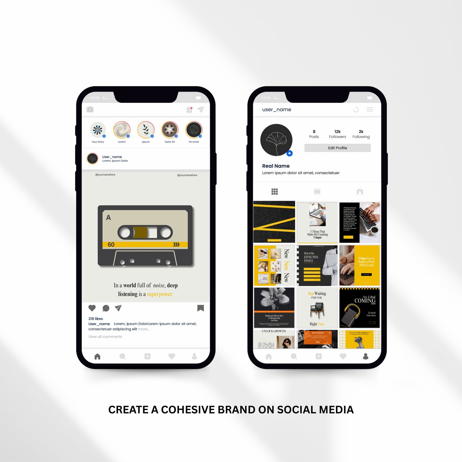 Instagram templates bundle in yellow and black – 120 Canva designs for social media posts and matching story covers. Perfect for coaches, entrepreneurs, and small businesses looking for eye-catching branding.