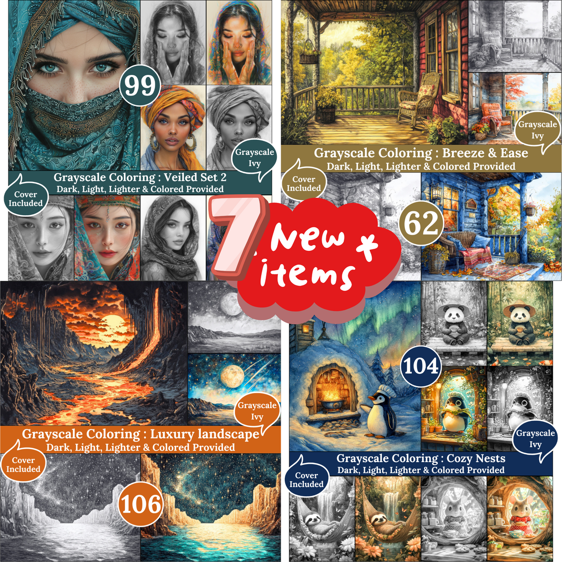 Grayscale Ivy New Arrivals — October 08, 2025 7 new grayscale coloring books for adults, printable PDF, each includes Dark, Light, Lighter & Colored versions.