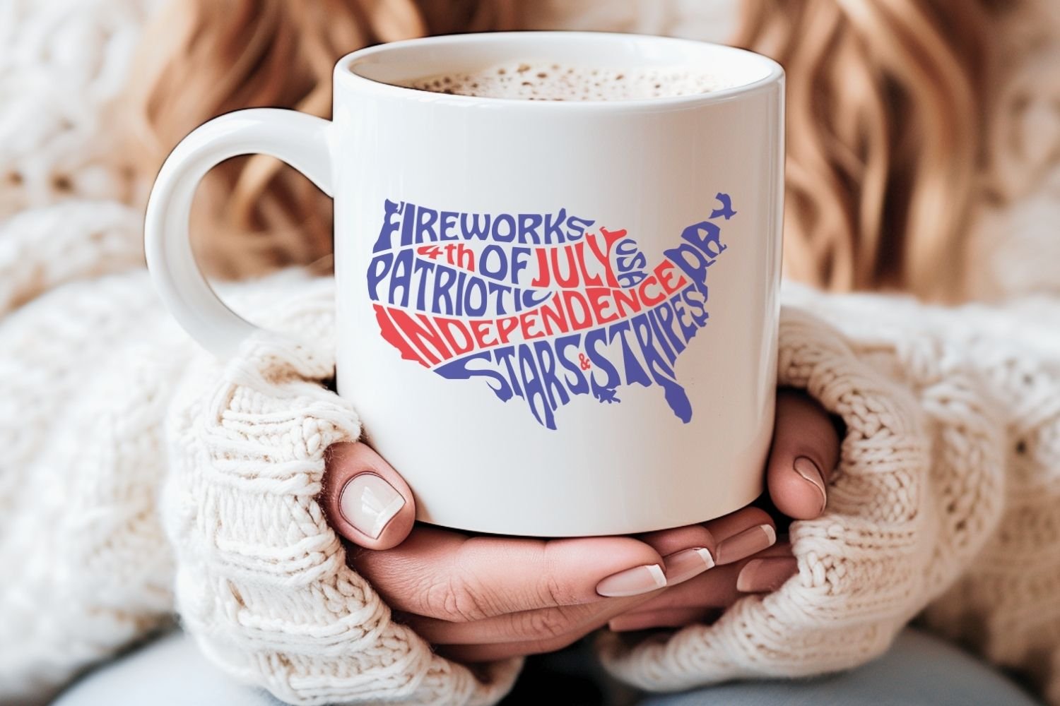This patriotic design features the words: Patriotic, Fireworks, Stars and Stripes, Independence Day and 4th of July, creatively arranged within the silhouette of the United States.