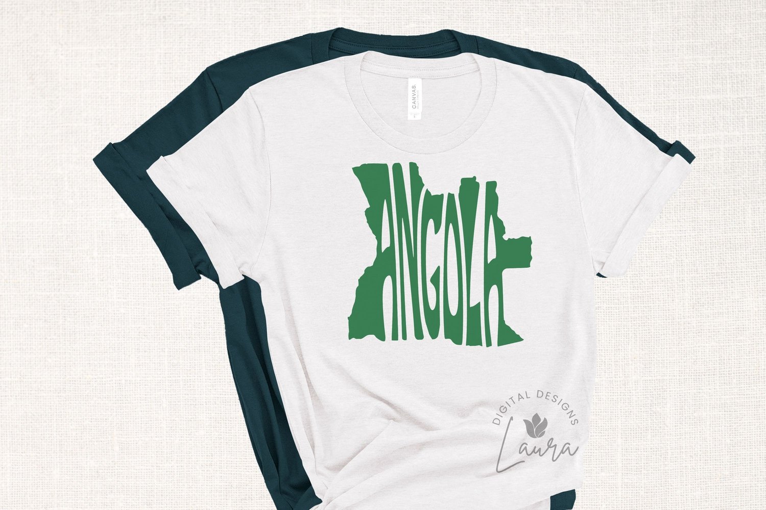 This design features the word Angola seamlessly integrated into the silhouette of this African country.