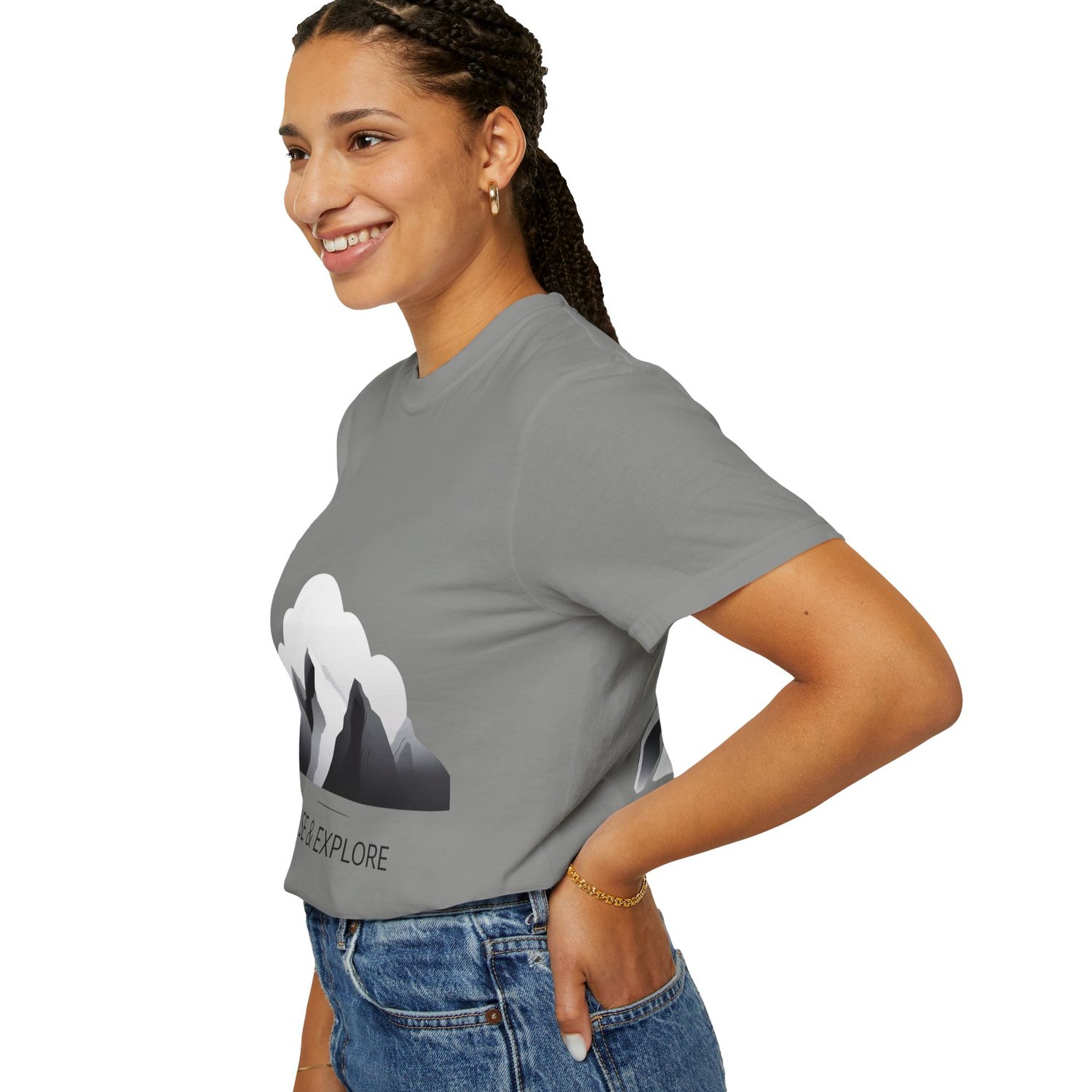 Minimalist mountain unisex tee in Granite. Soft, eco-friendly cotton and customizable print. Free shipping to U.S. & Canada.