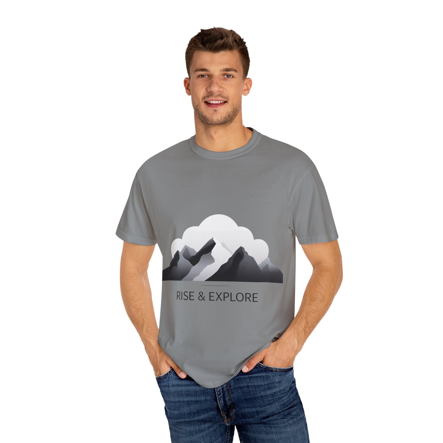 Minimalist mountain unisex tee in Granite. Soft, eco-friendly cotton and customizable print. Free shipping to U.S. & Canada.