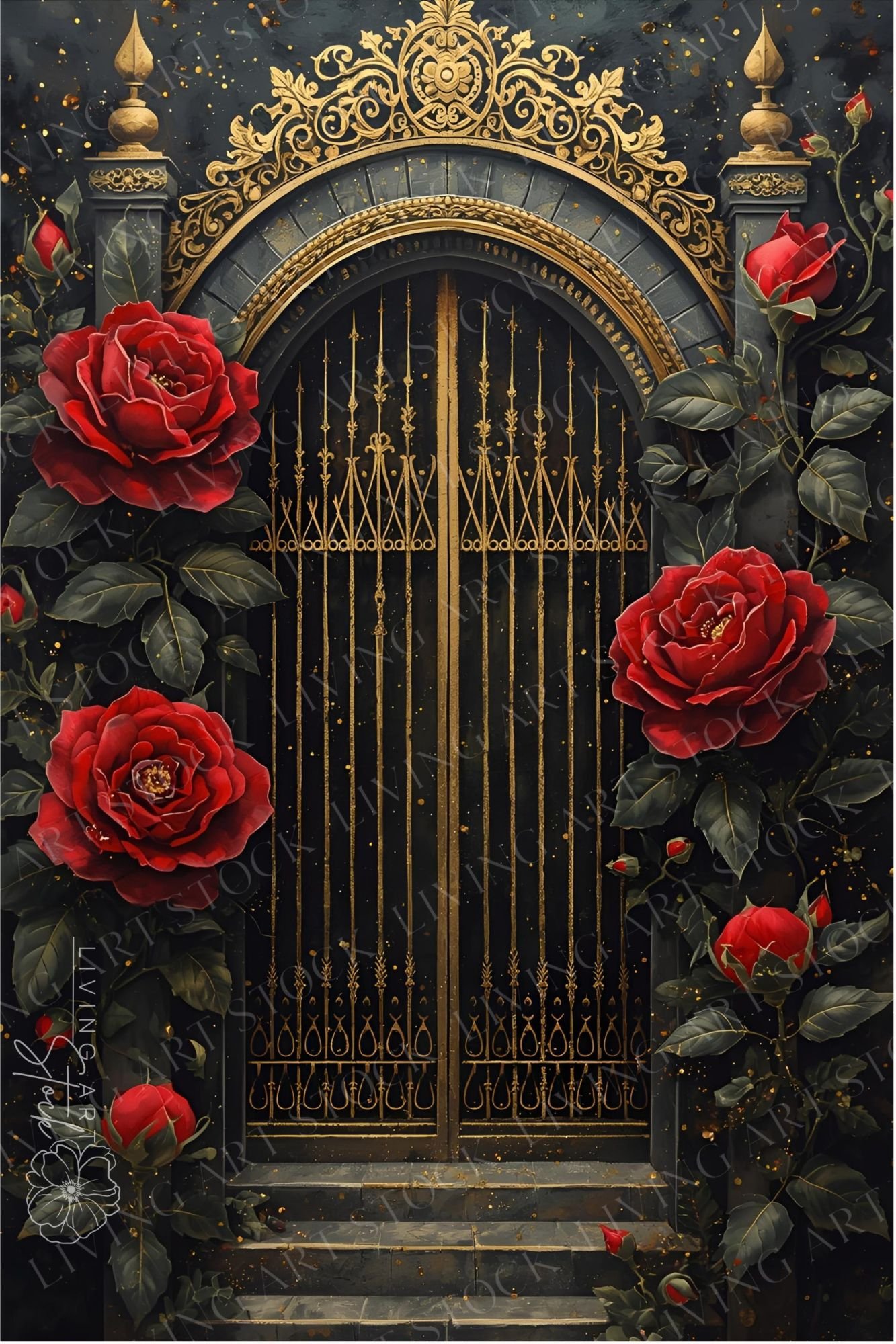 A dramatic, richly detailed vertical image of a majestic, ornate fantasy gate. The gate is made of black metal with vertical gold bars and is set into a dark gray or black stone archway. A highly elaborate, baroque-style gold scrollwork crown sits above t