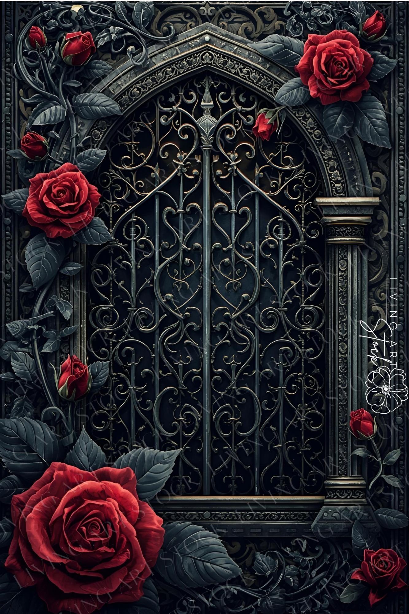 Black iron fantastical gate with red roses