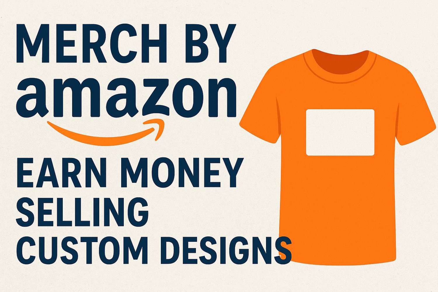 Merch by Amazon blog cover image featuring bold text 'Earn Money Selling Custom Designs', a white T-shirt with a mountain graphic, and illustrations of dollar bills and a gold coin on a beige and pink background.