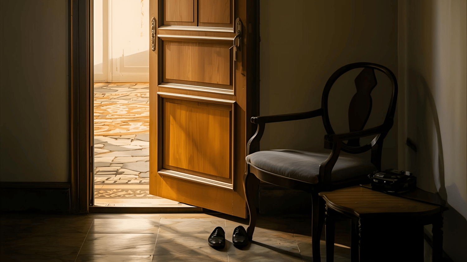 Doors That Close Before We Reach Them. A half-open wooden door with sunlight spilling through and an empty chair and a pair of shoes near a window.