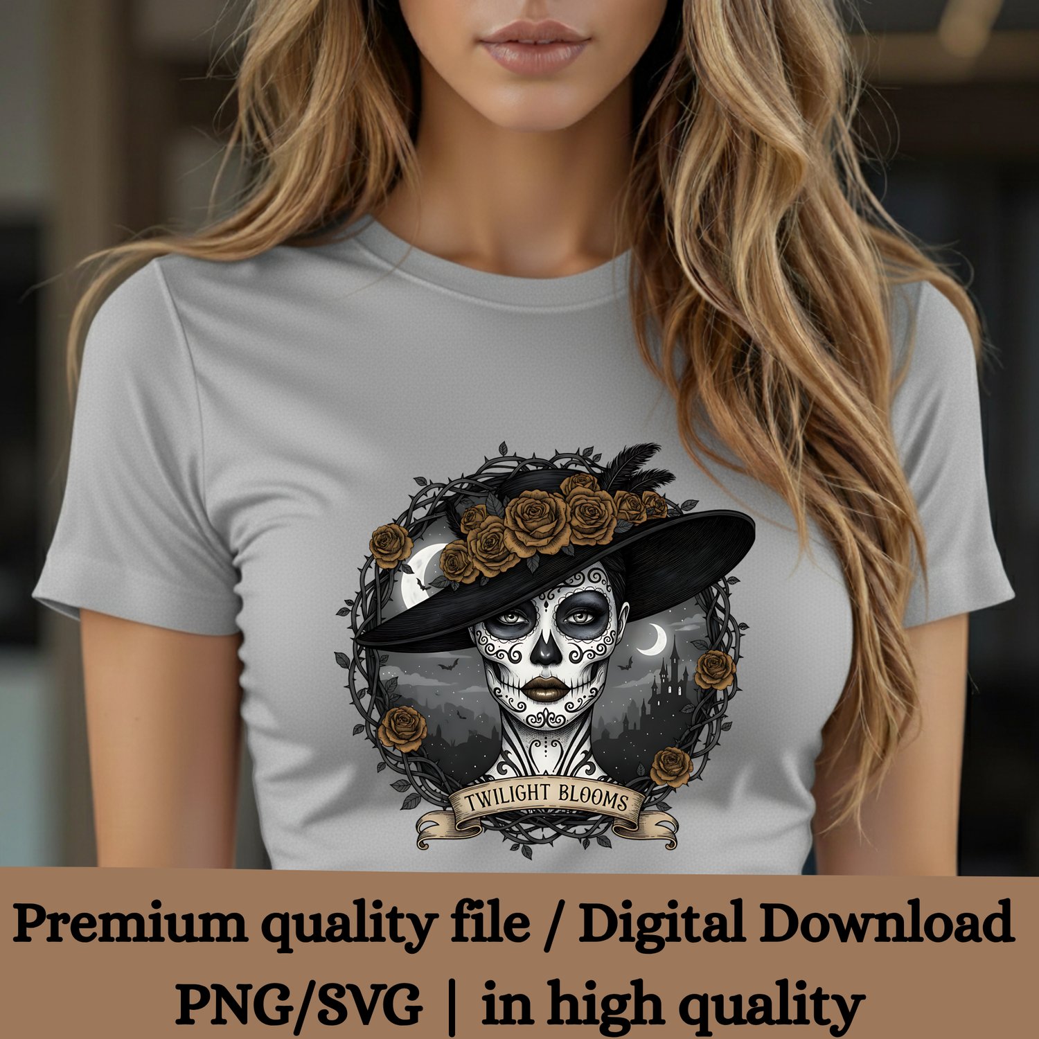 Catrina, Day of the Dead, Mexican Skull, Sublimation, Halloween PNG, SVG, Gothic Design, Sugar Skull, Dark Roses, Twilight Blooms, Catrina Clipart, Digital Art, Commercial Use, 300dpi, Transparent PNG, Death, Skull Art, Mexican Illustration, Elegant Catri