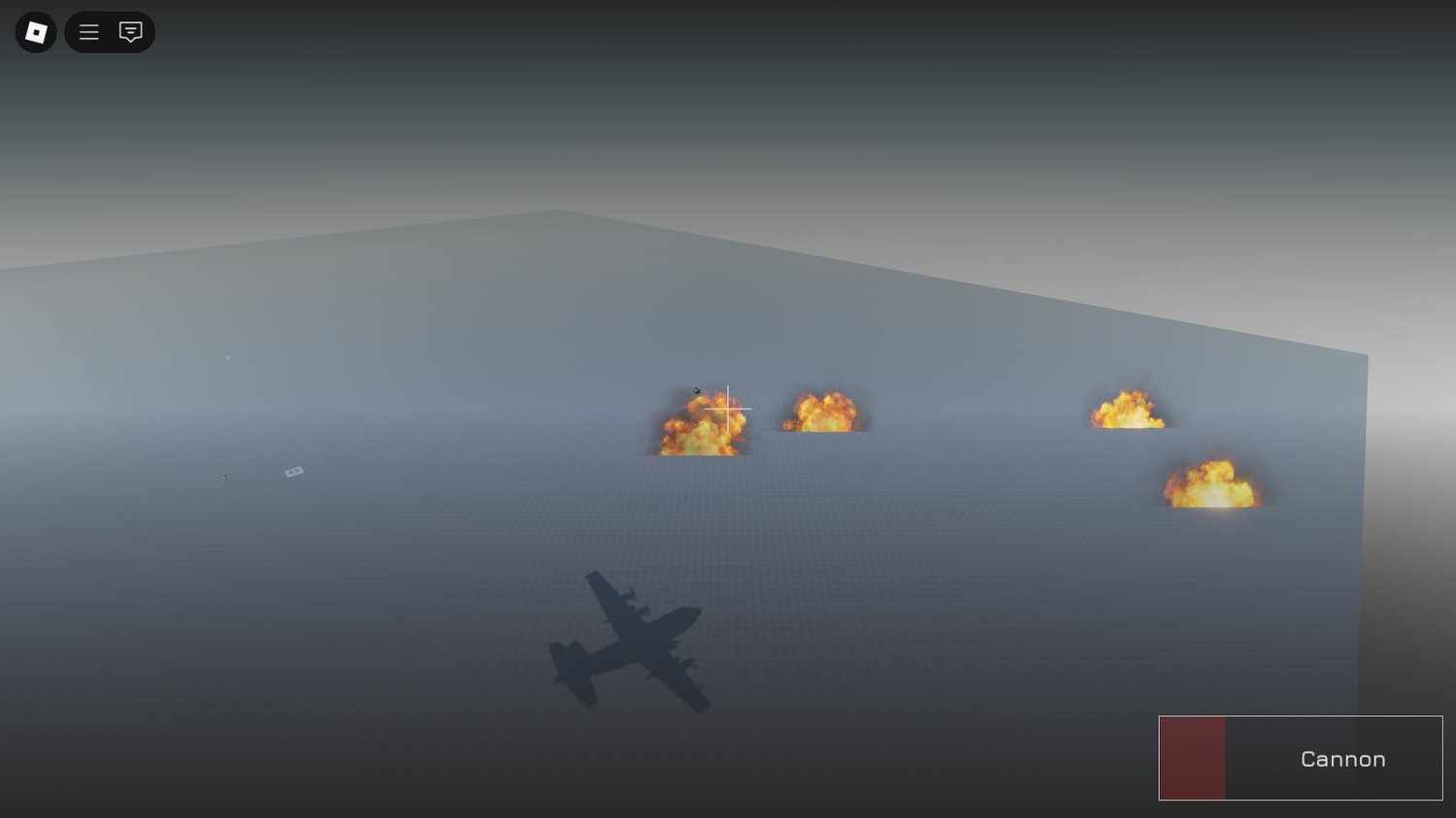 Aerial combat jet shooting cannon over Roblox battlefield