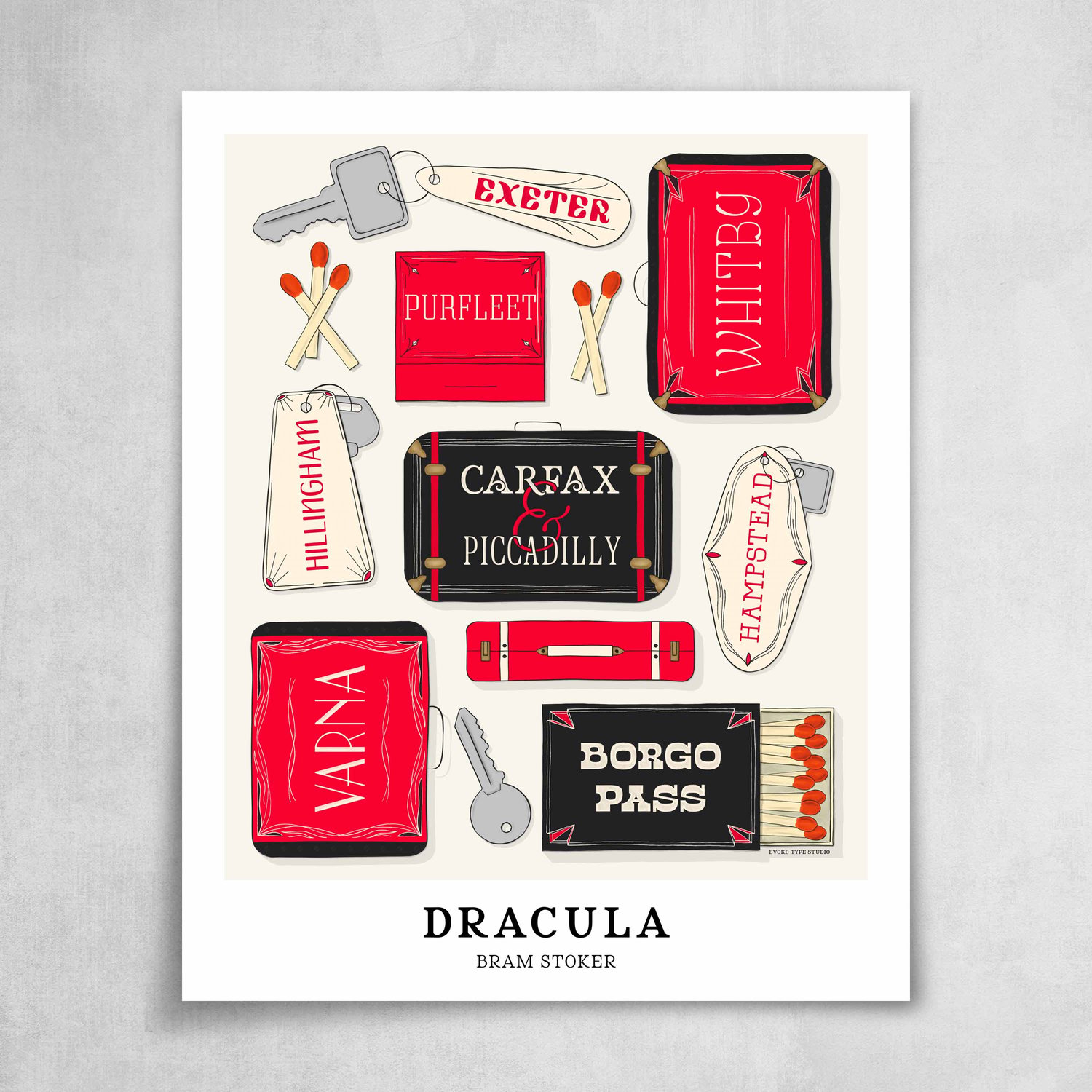 Typography-focused poster with hand-lettered names of Dracula story locations