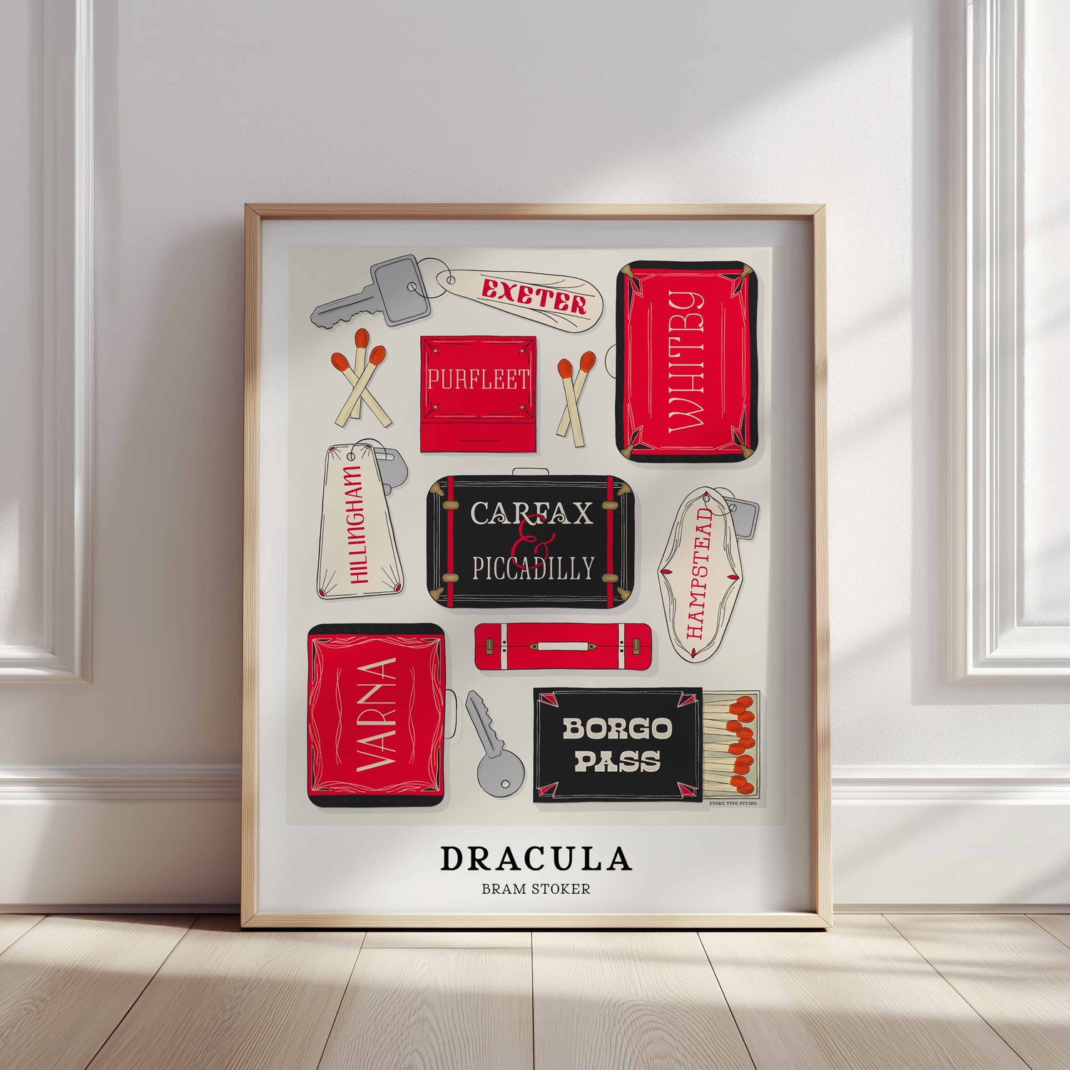 Hand-lettered Dracula poster celebrating key locations from the classic horror novel