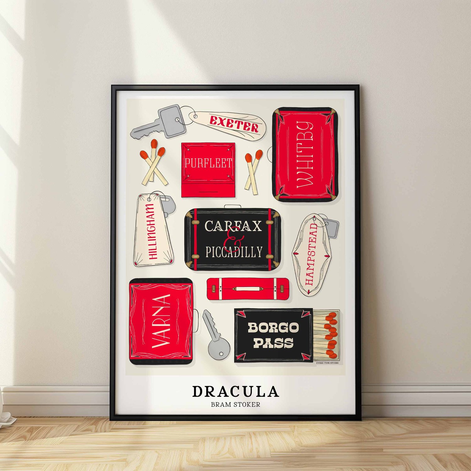 Hand-lettered Dracula poster celebrating key locations from the classic horror novel