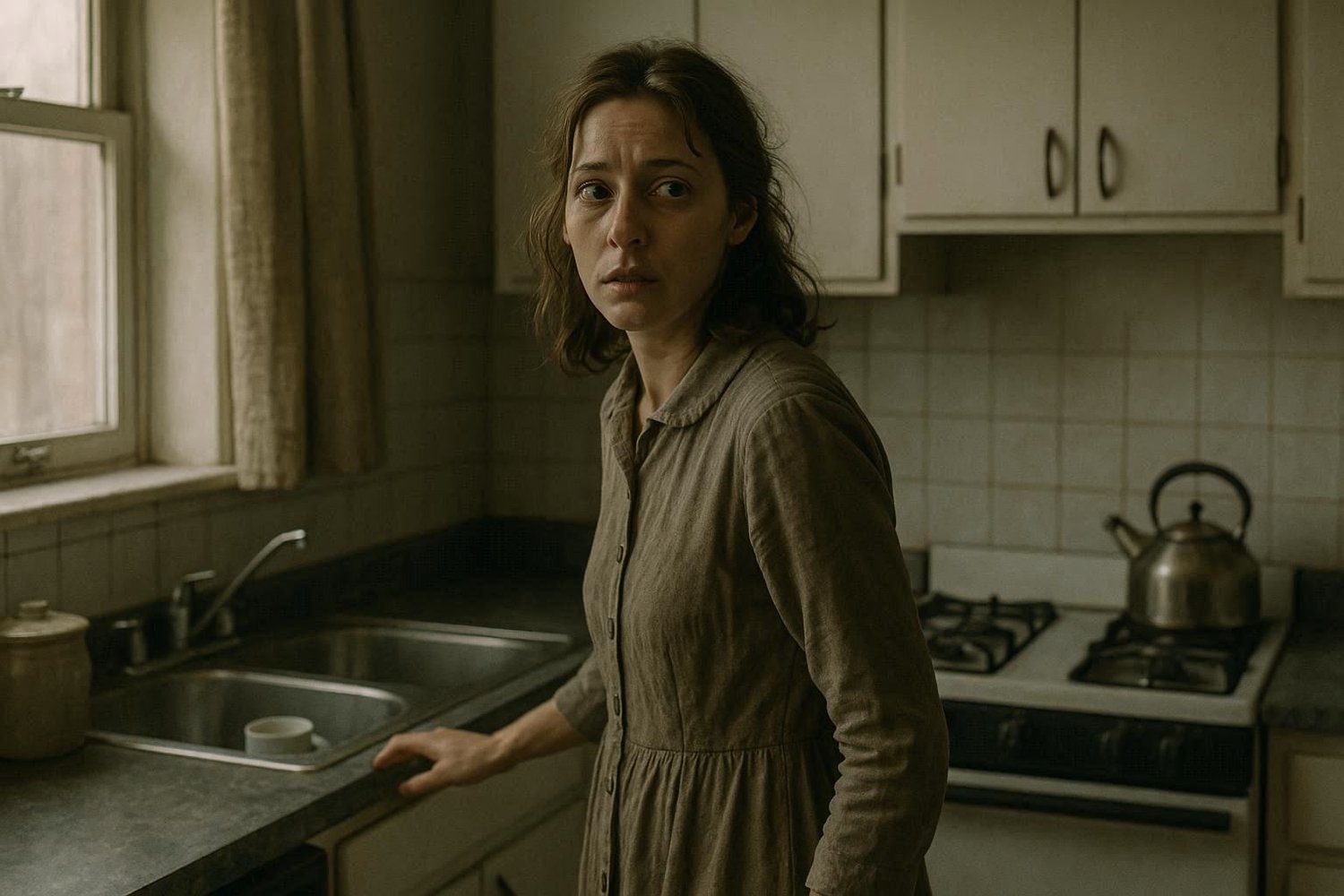 A woman stands in a dimly lit kitchen beside a sink, turning toward the light with a wary, distant expression. Her face shows quiet unease rather than fear, mirroring the emotional distance and loneliness explored in “The Quiet Violence of Living Beside a