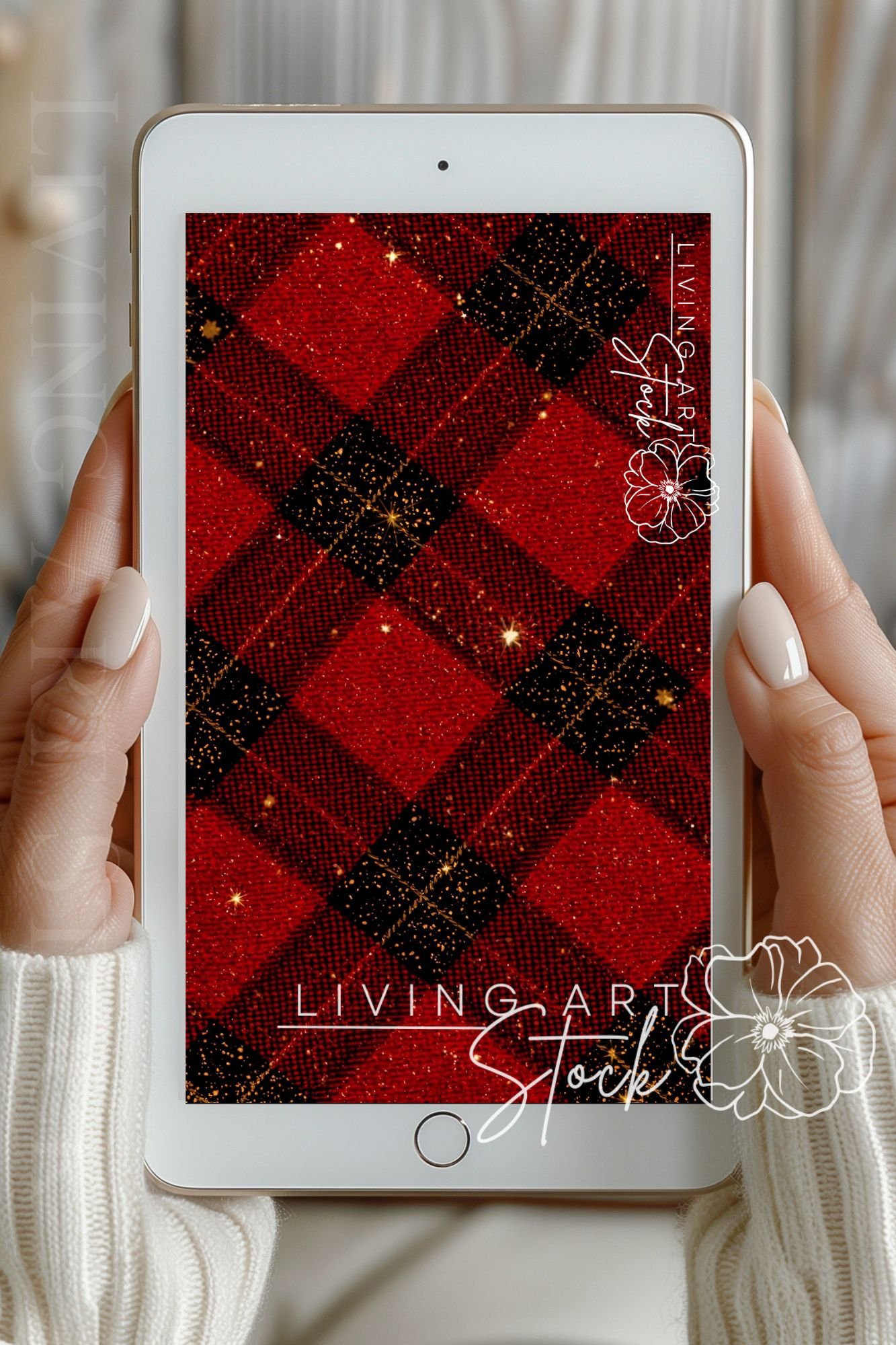 Red Christmas Plaid Wallpaper with Gold Sparkles