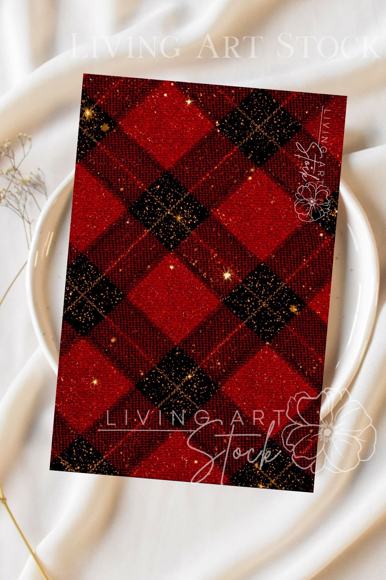 Red Plaid Christmas Card with Gold Sparkles