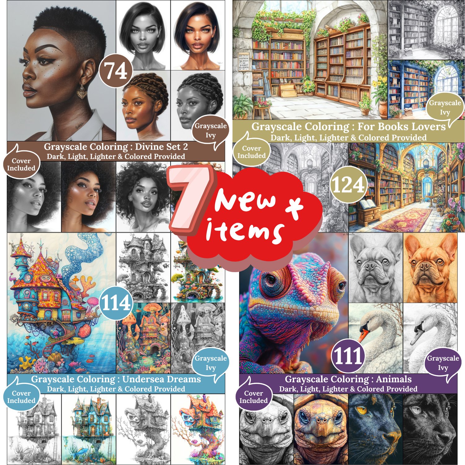 Grayscale Ivy New Arrivals — November 15, 2025 7 new grayscale coloring books for adults, printable PDF, each includes Dark, Light, Lighter & Colored versions.