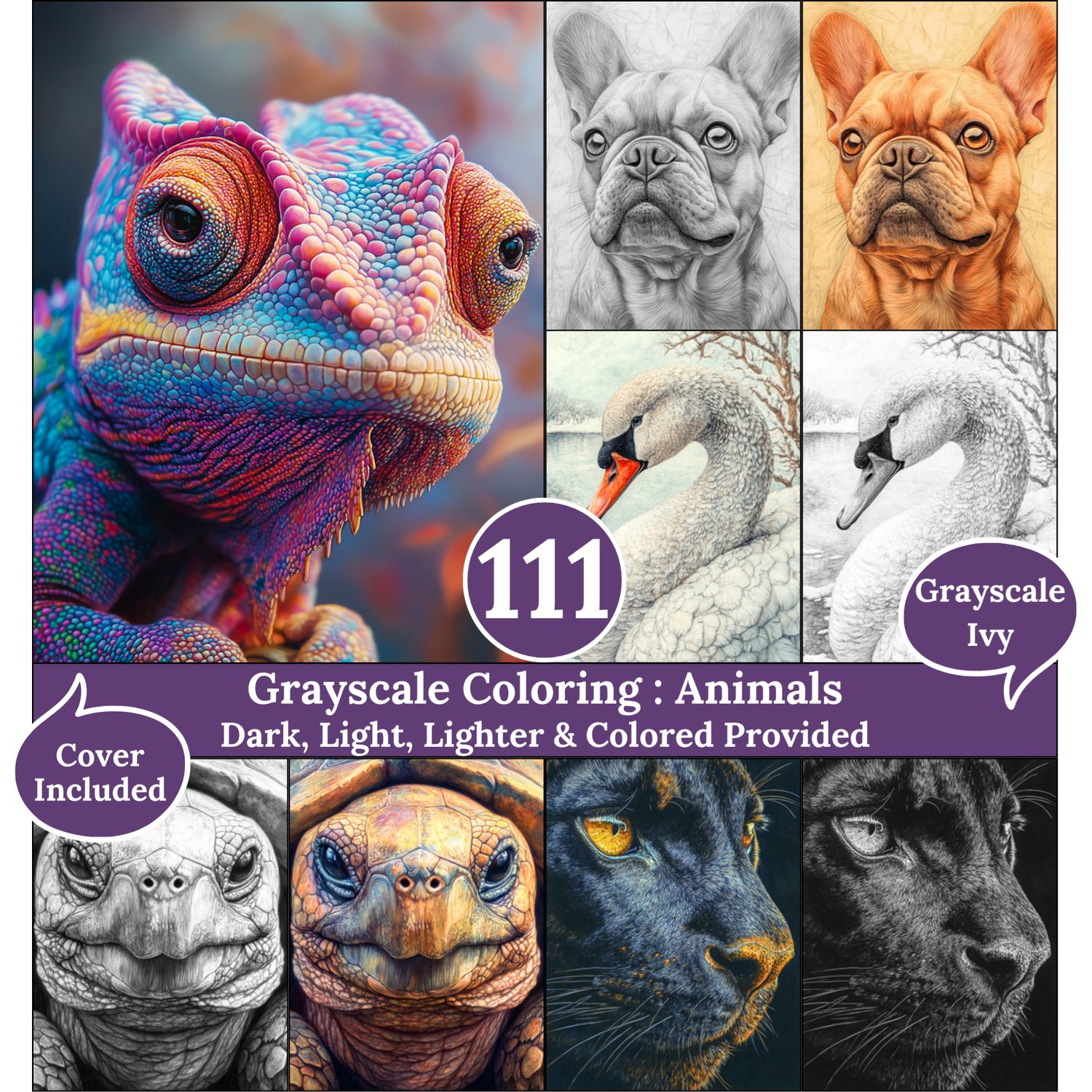 Animals, 111 Grayscale Coloring Pages, Gorgeous Animal Portraits Collection, Dark Light Lighter and Colored Versions, Printable PDF