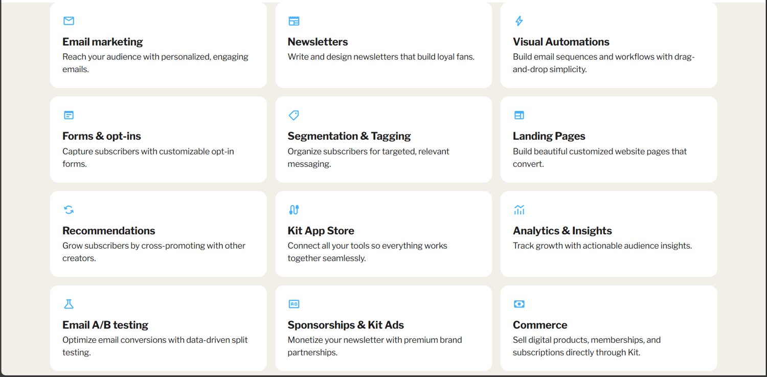 Image displaying ConvertKit key features