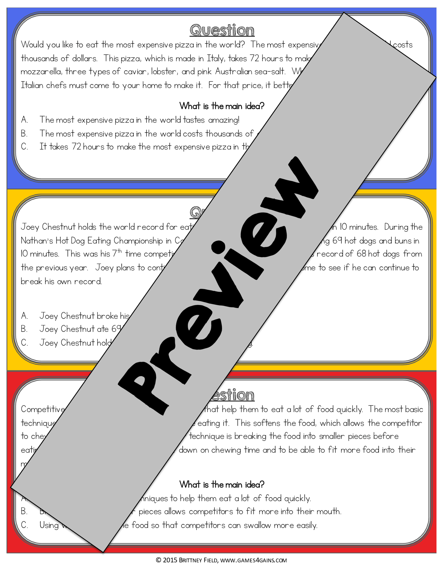Main Idea & Supporting Key Details Task Cards Passages Game Reading Centers ELA