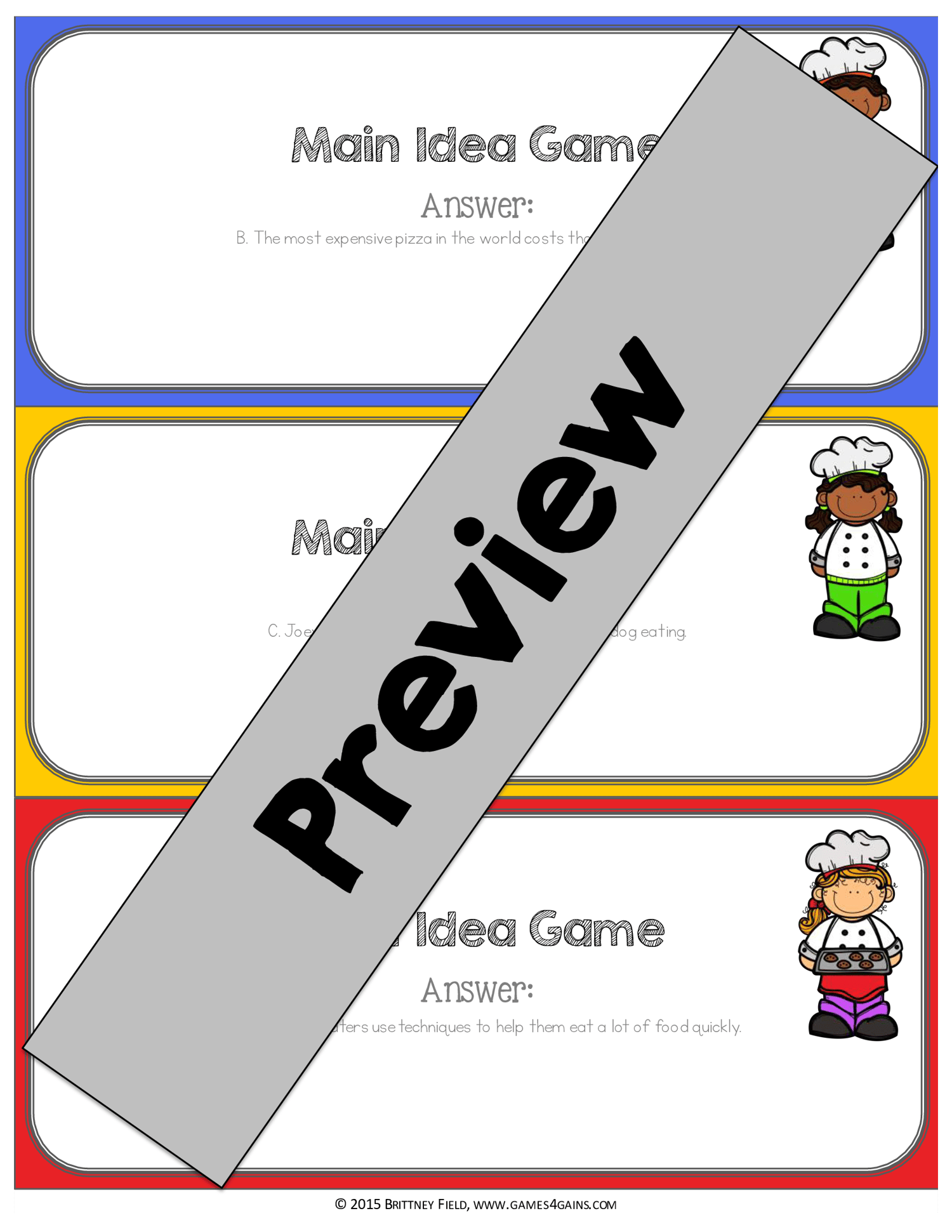 Main Idea & Supporting Key Details Task Cards Passages Game Reading Centers ELA