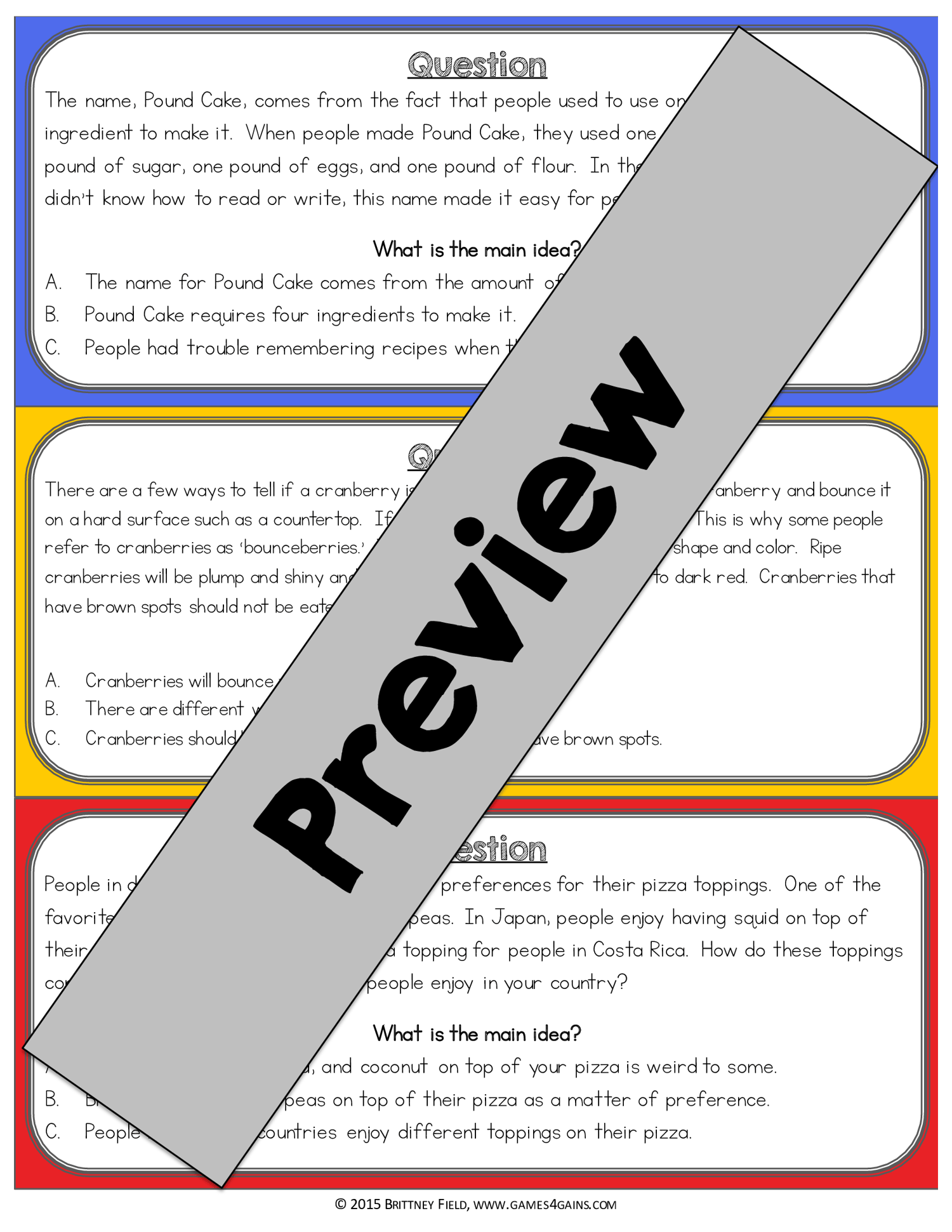 Main Idea & Supporting Key Details Task Cards Passages Game Reading Centers ELA