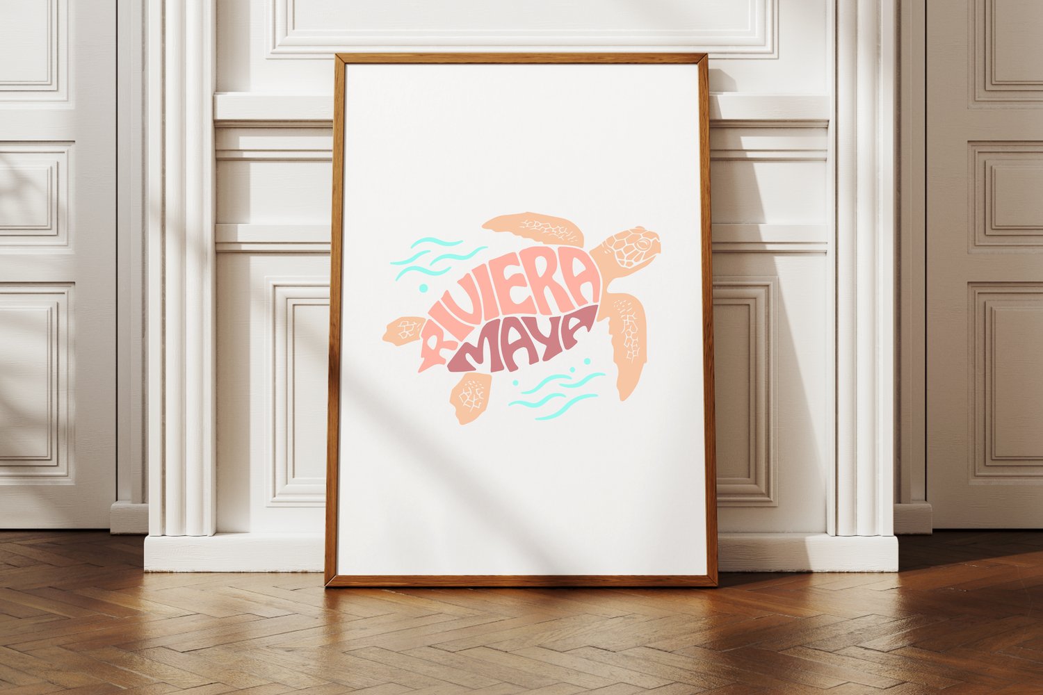 This design features the words Riviera Maya creatively made into the shape of a sea turtle.
