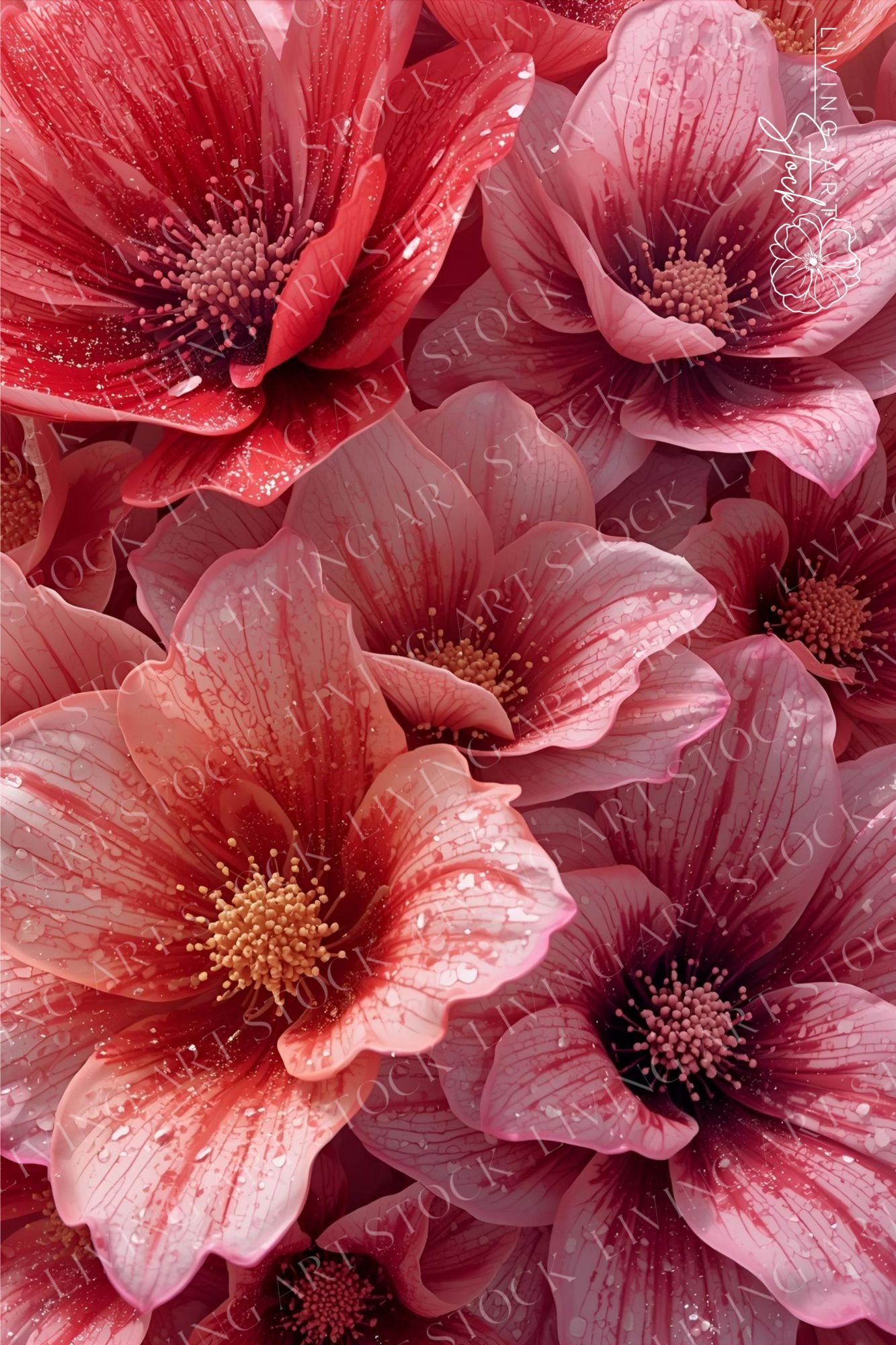 A dynamic and intensely saturated close-up illustration of densely packed, stylized flowers that fill the entire frame. The palette is dominated by vibrant hues of hot pink, fuchsia, and deep crimson red, with lighter pastel pinks and white highlights, gi