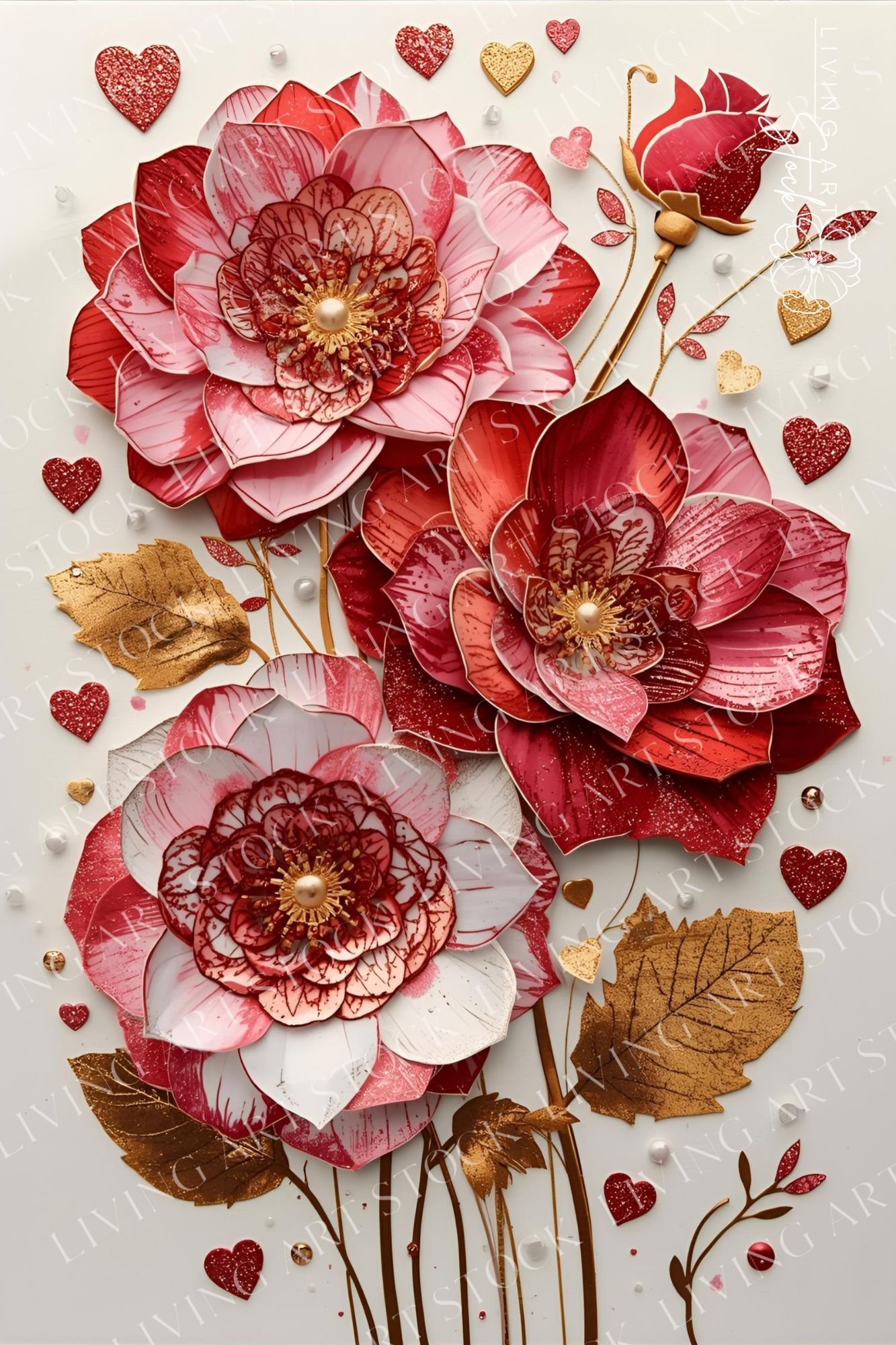 A stunning vertical illustration of three large, intricate flowers in shades of deep red and bright pink, designed to look like a multi-layered, three-dimensional paper cut or decoupage artwork. The flowers are highly detailed with metallic gold accents o