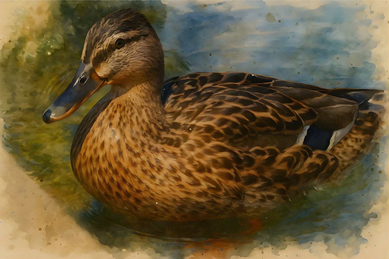 mallard duck, female mallard, hen duck, duck art, waterfowl art, duck watercolor, bird painting, mallard art, duck on water, wildlife art, bird art print, waterfowl painting, duck portrait, female duck art, mallard watercolor, duck wall decor, bird lover