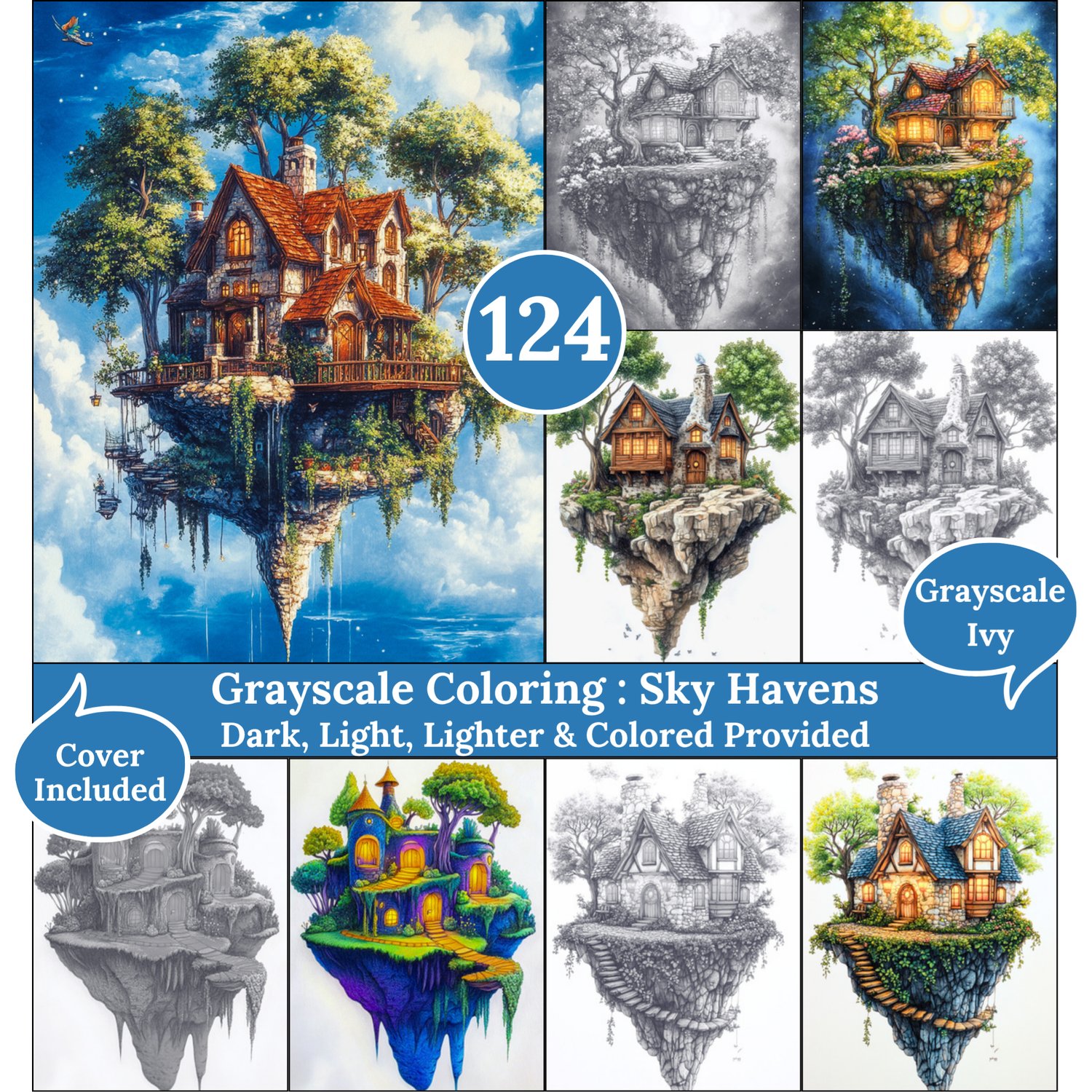 Sky Havens, 124 Grayscale Coloring Pages, Gorgeous Peaceful Houses in the Sky, Dark Light Lighter and Colored Versions, Printable PDF