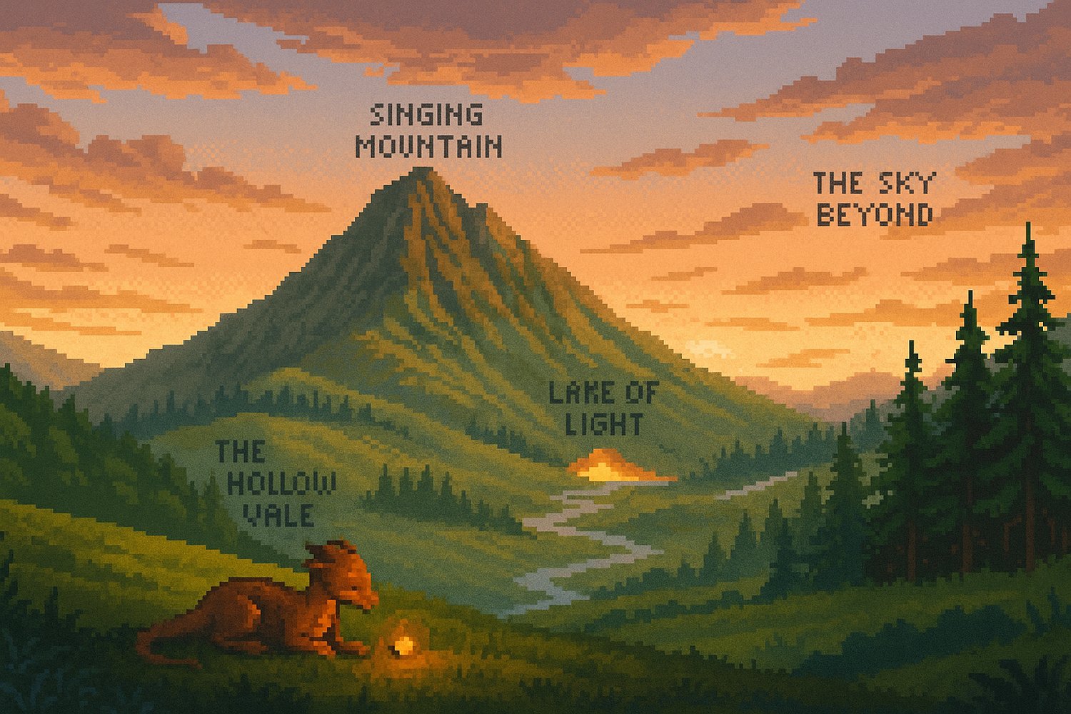 A detailed pixel art landscape of a peaceful fantasy valley surrounded by tall, snow-capped mountains. In the distance, a glowing golden lake rests beneath a massive peak, reflecting the colors of sunrise—soft pink, orange, and gold. Forests line the lowe