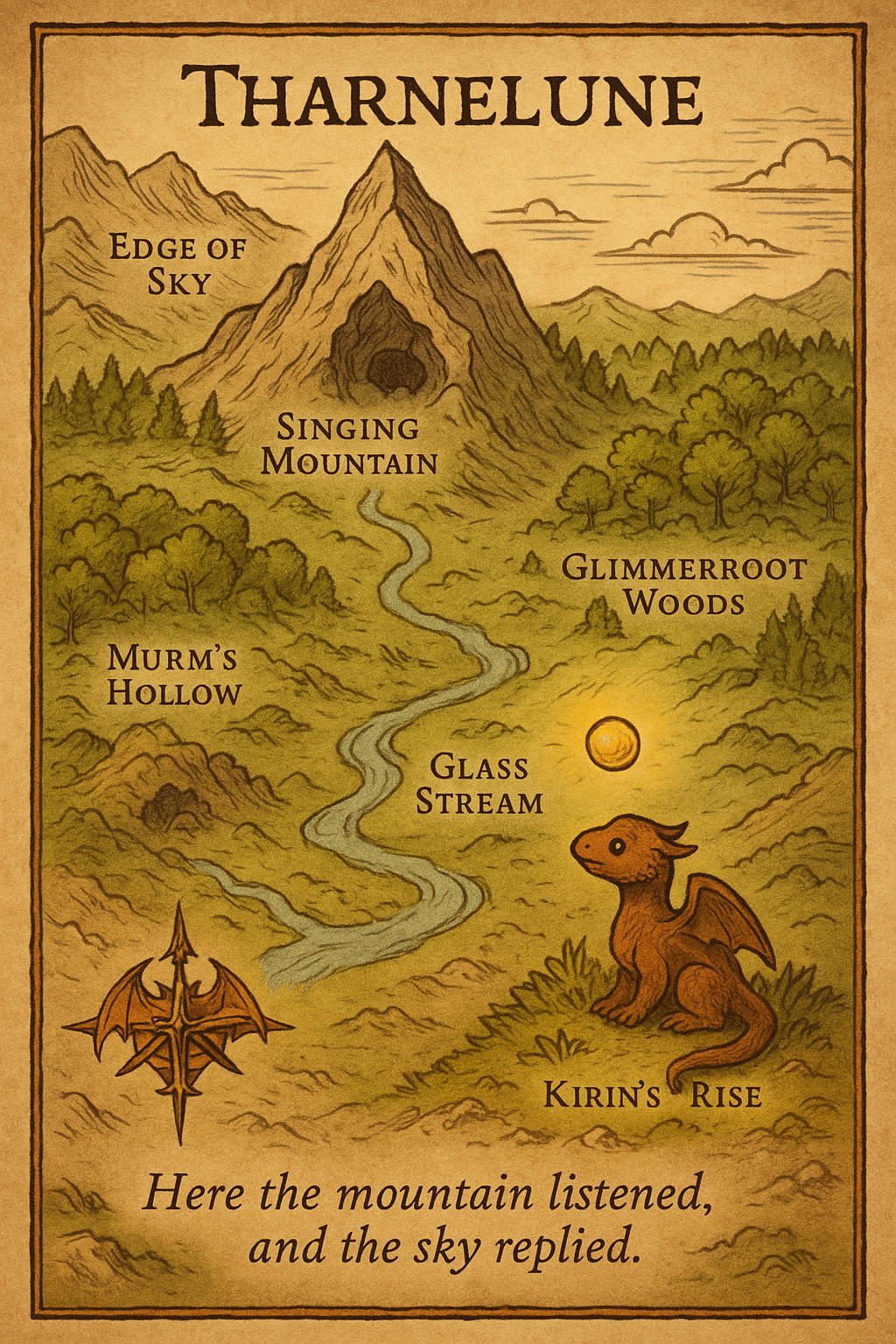 A parchment-style illustrated fantasy map titled “Tharnelune.” At the center lies the Hollow Vale, ringed by mountain ridges. To the north is the Singing Mountain, marked with the glowing Cavern of Echoes and a golden Lake of Light beneath it. To the east are the lush Glimmerroot Woods, to the south rolling plains and rivers, and to the west the jagged cliffs of the Edge of Sky. Small icons mark Murm’s Hollow, the Glass Stream, and Kirin’s Rise, where a tiny brown dragon sits beside a glowing yellow pebble. A dragon-wing-shaped compass rose decorates one corner, and the map glows softly with color and magic.