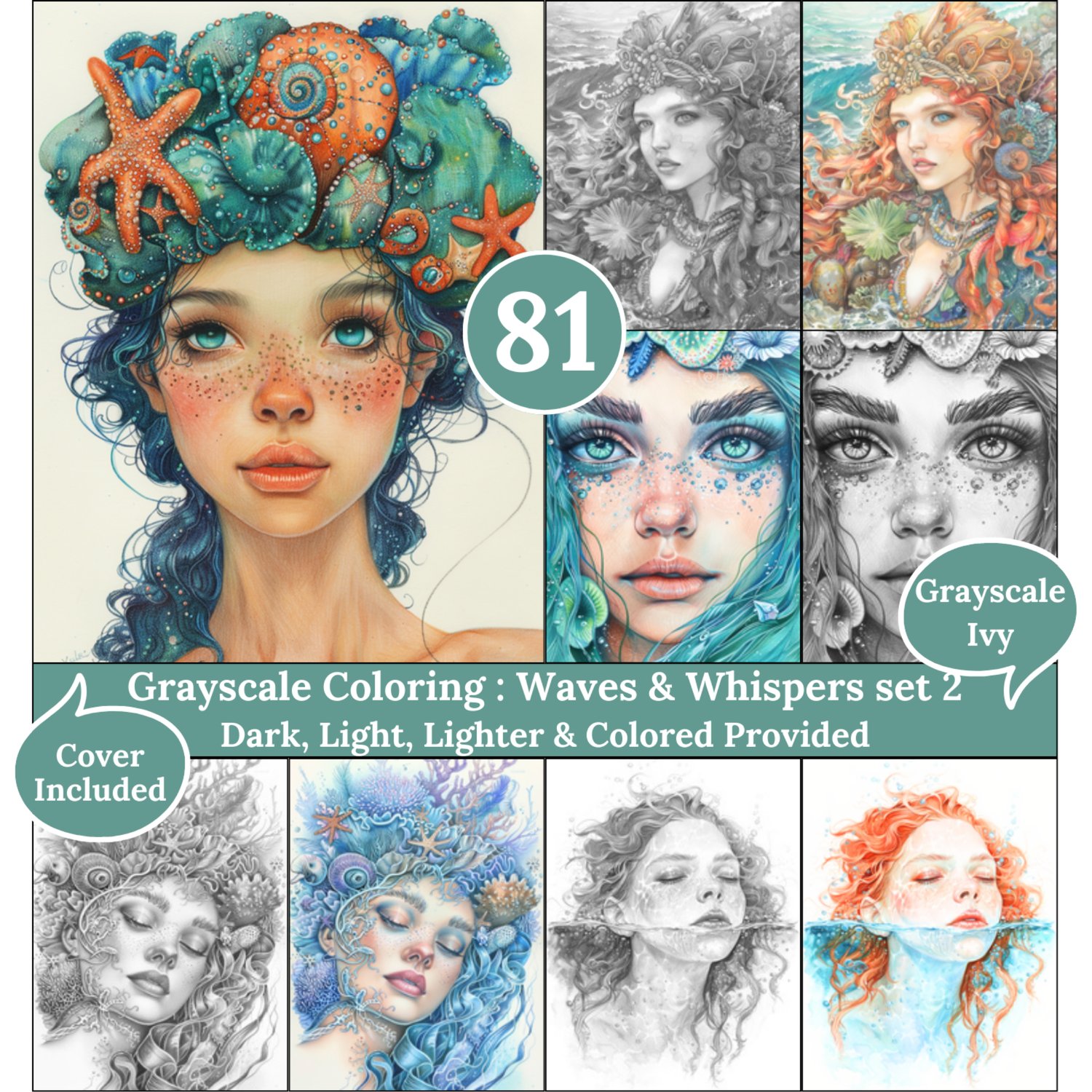 Waves & Whispers Set 2, 81 Grayscale Coloring Pages, Gorgeous Sea and Ocean Women Portraits, Dark Light Lighter and Colored Versions, PDF