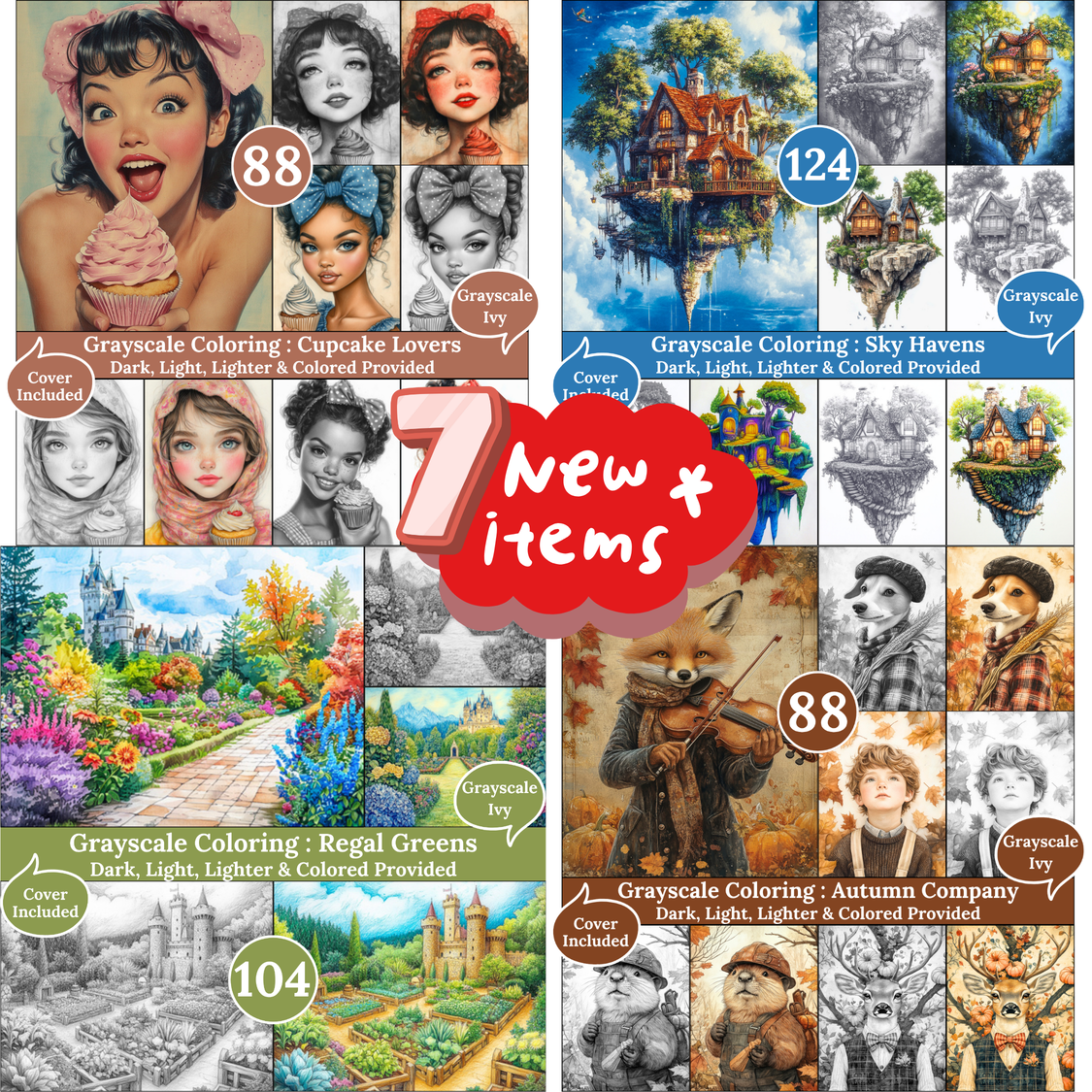 Grayscale Ivy New Arrivals — December 06, 2025 7 new grayscale coloring books for adults, printable PDF, each includes Dark, Light, Lighter & Colored versions.
