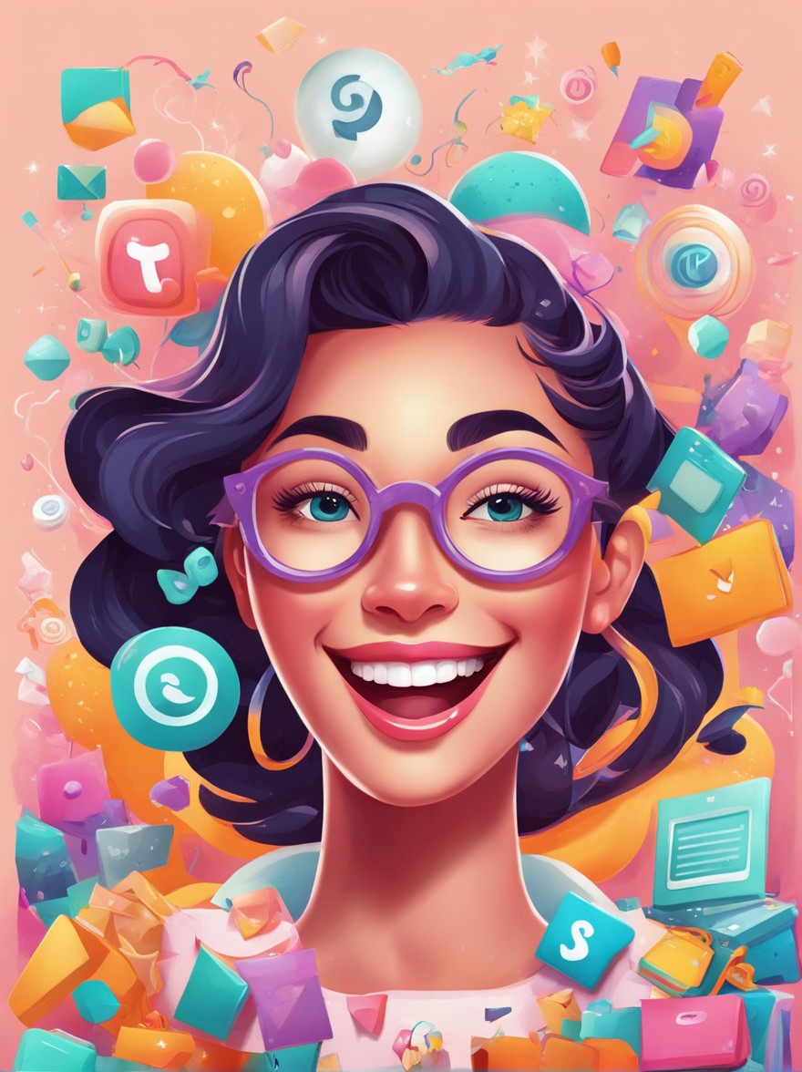 فتاة كرتونية مرحة تلتقط نظارتها بابتسامة لطيفة، محاطة بأيقونات ملوّنة تمثل الإبداع والنجاح مثل القلوب، النجوم، الرسومات، والأفكار المضيئة. الألوان زاهية والخلفية ناعمة ومبهجة تعكس روح التفاؤل والطاقة الإيجابية.