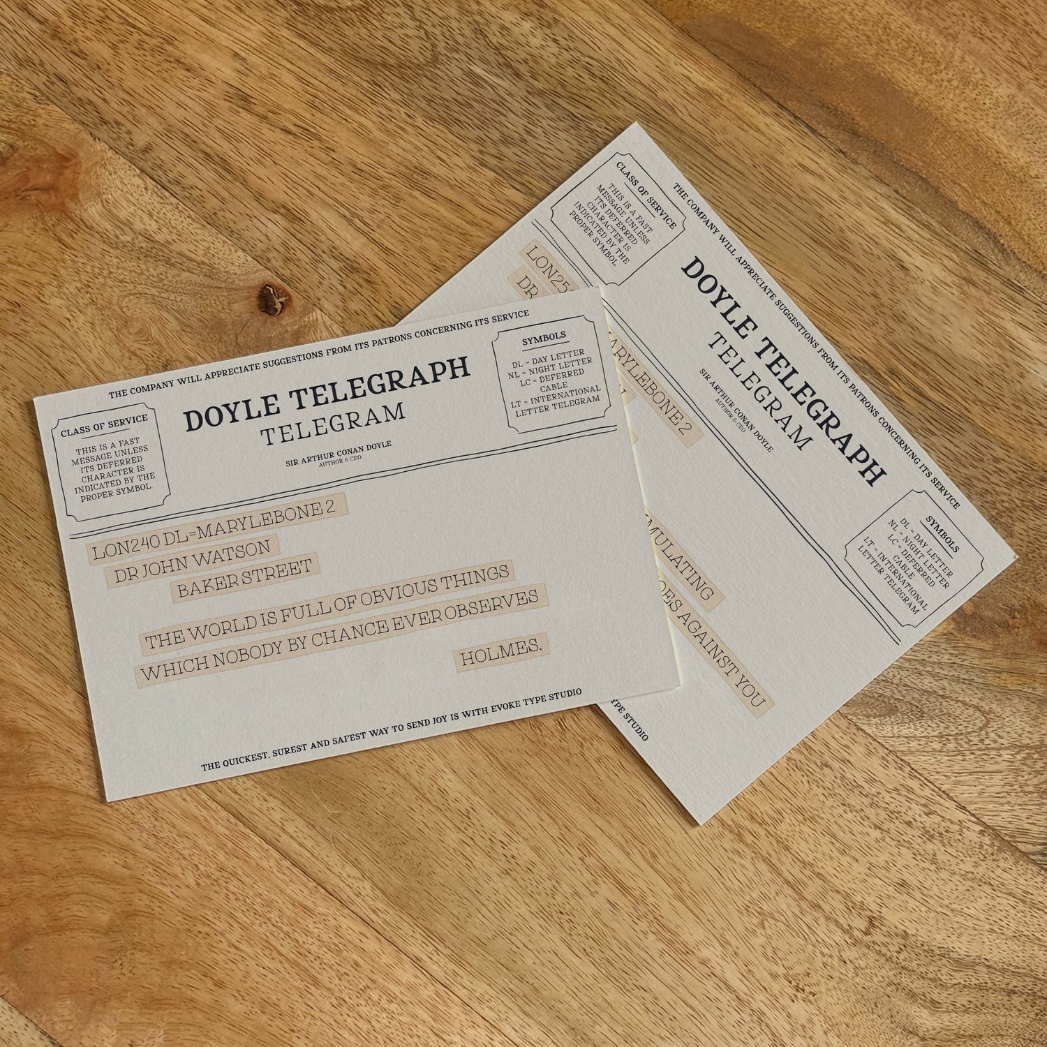 Two vintage telegram-style literary notecards from the Literary Collection
