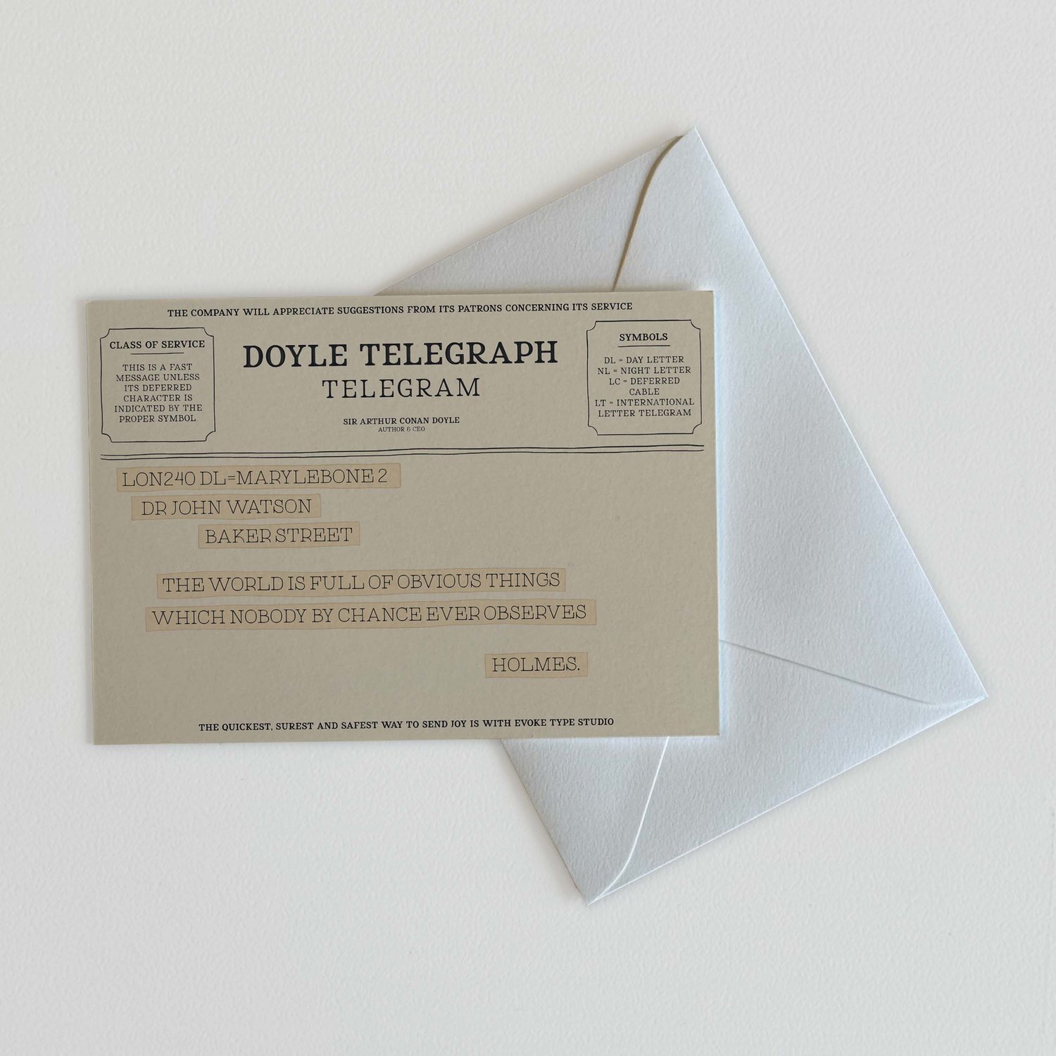 Sherlock Holmes literary quote notecard designed in old-fashioned telegram style
