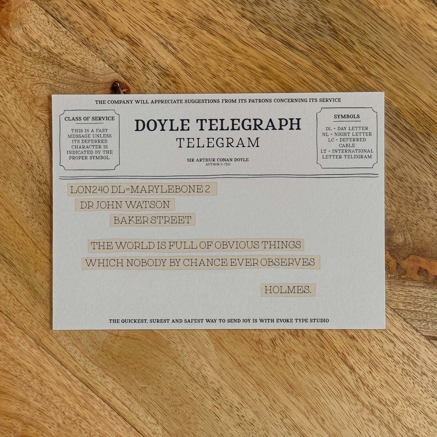 Sherlock Holmes literary quote notecard designed in old-fashioned telegram style