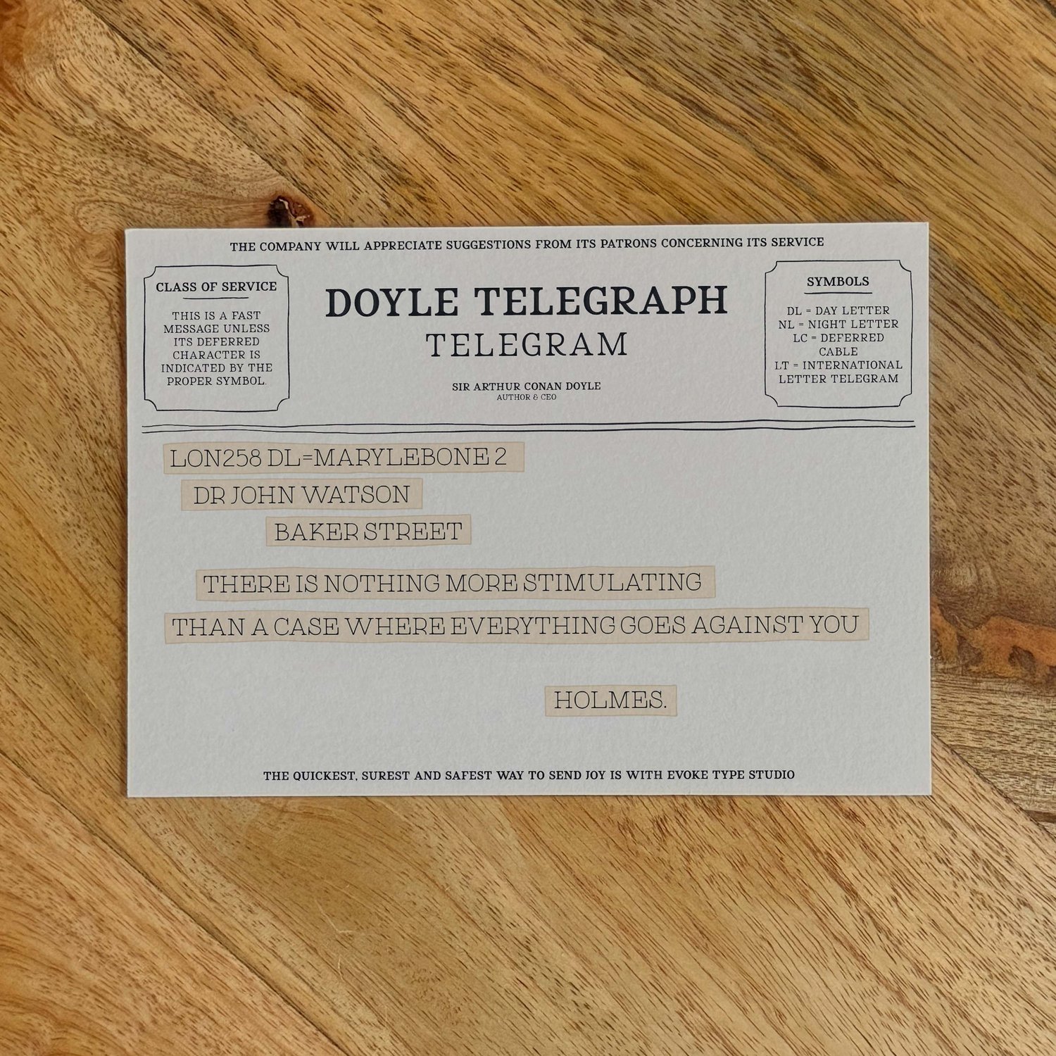 Sherlock Holmes literary quote notecard designed in old-fashioned telegram style