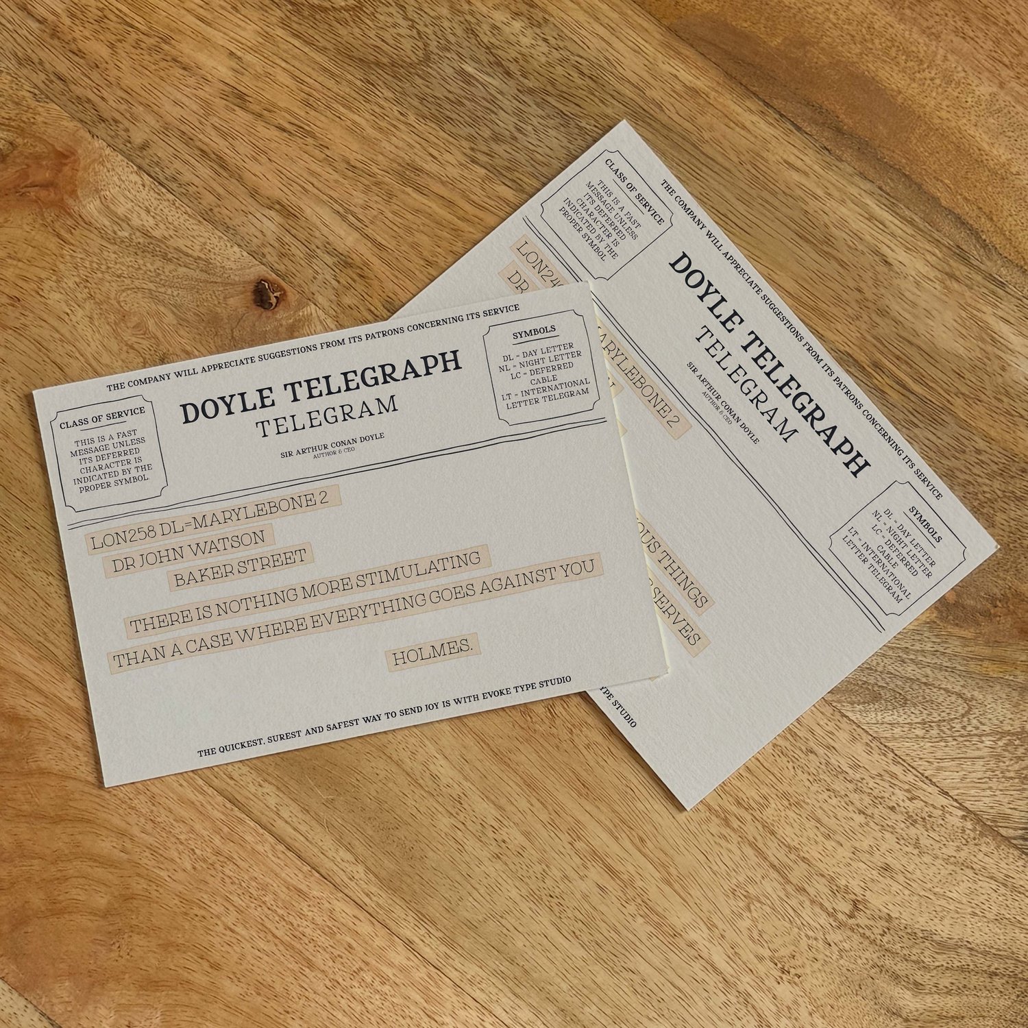 Two vintage telegram-style literary notecards from the Literary Collection
