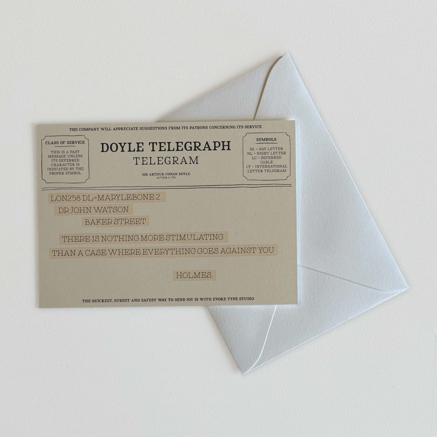 Sherlock Holmes literary quote notecard designed in old-fashioned telegram style