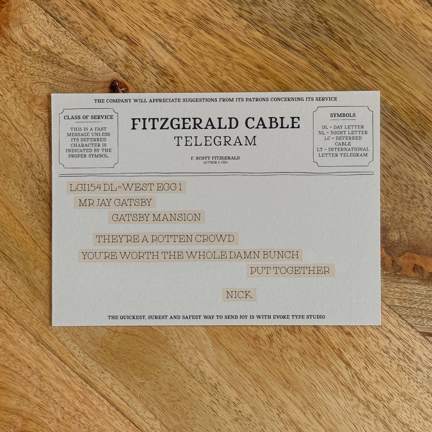 Nick Carraway literary quote notecard designed in old-fashioned telegram style