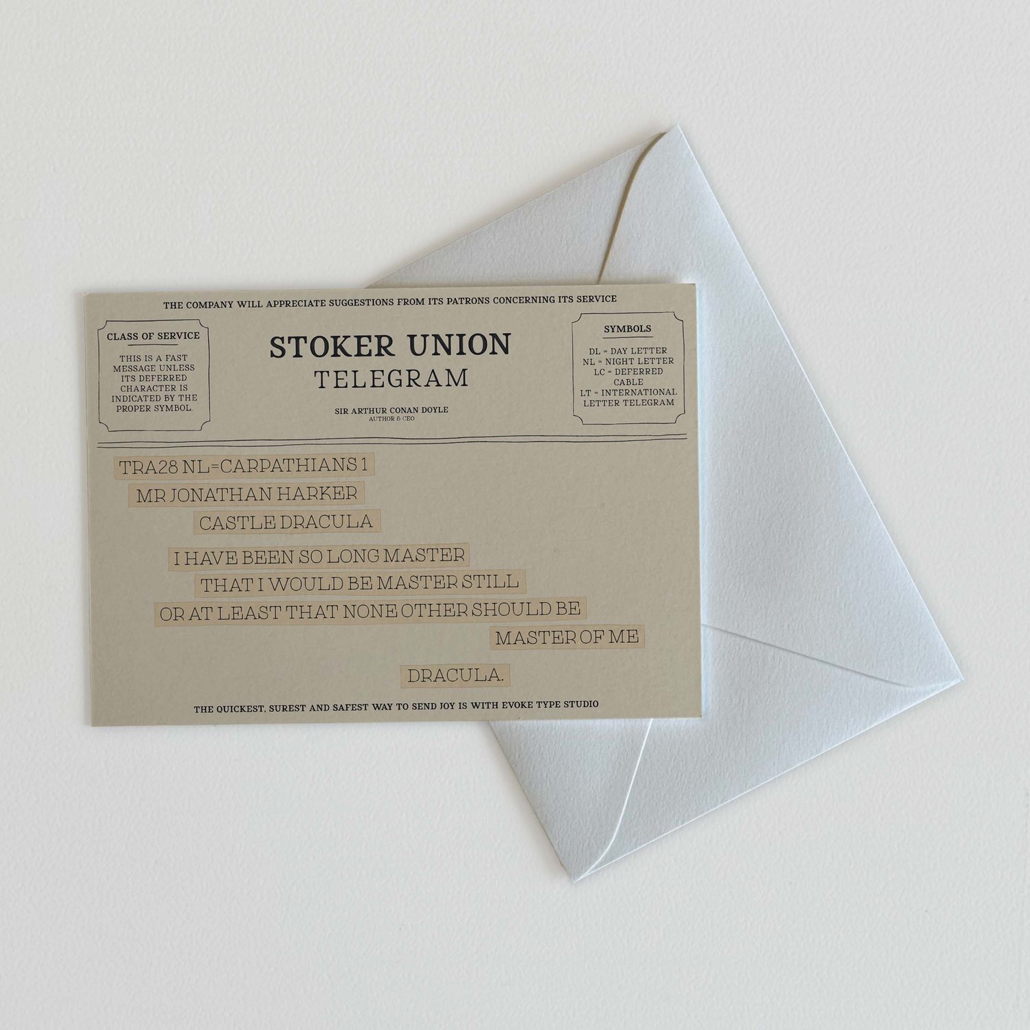 Dracula literary quote notecard designed in old-fashioned telegram style